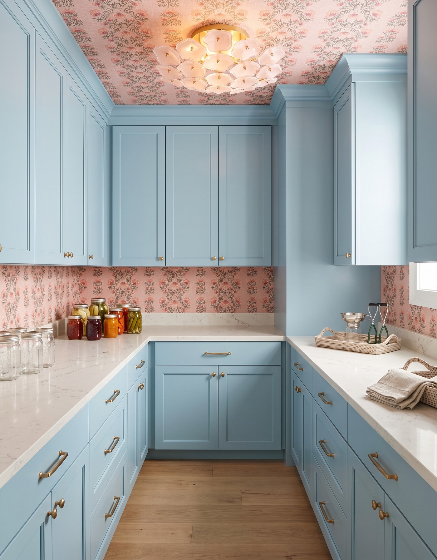 AI-created concept: Aqua pantry cabinetry with coral flowers on pink wallpaper, pale counters, grouped glass jars and a pink flower-shaped light.