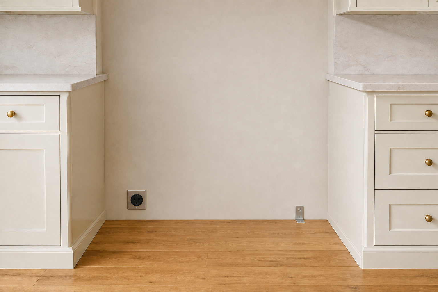 Empty range opening with one protected electrical receptacle mounted low and to one side, an anti-tip bracket at the opposite rear corner, and an unobstructed finished floor.