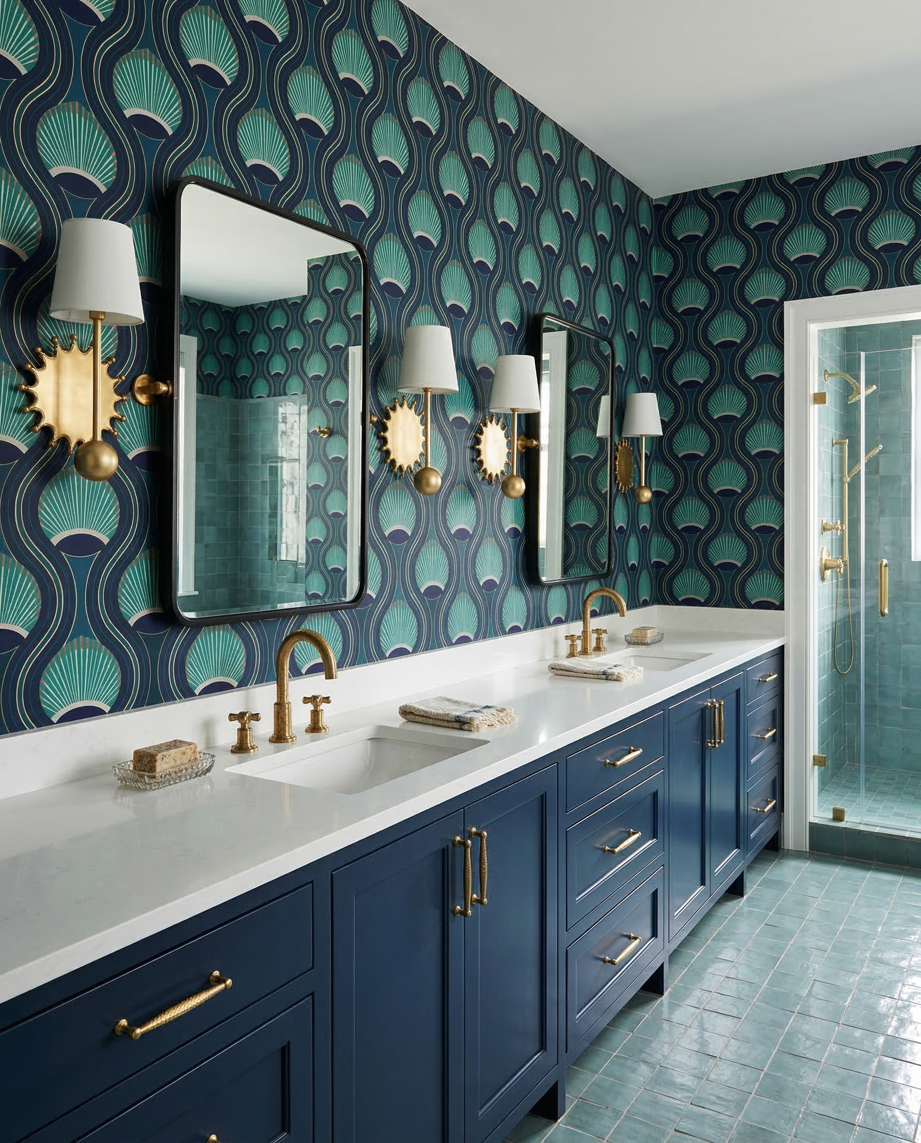 Navy double vanity beneath teal-and-navy Art Deco wallpaper, black-framed mirrors and sculptural brass sconces.
