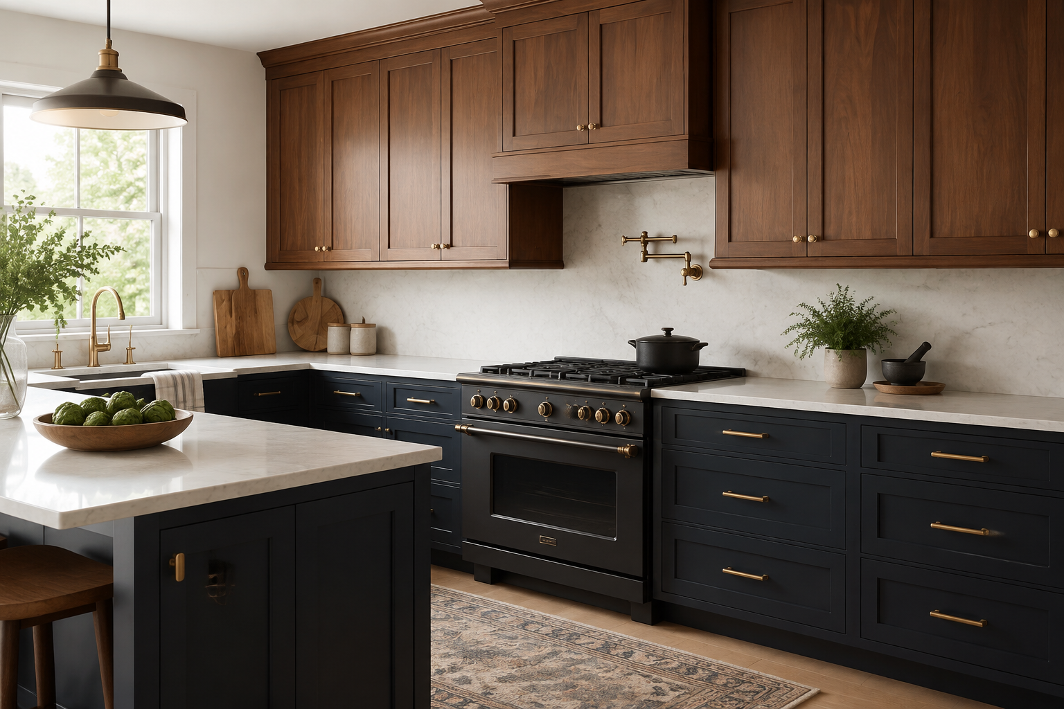 Charcoal-blue base cabinets and walnut uppers connected by repeated aged-brass hardware and a dark range.