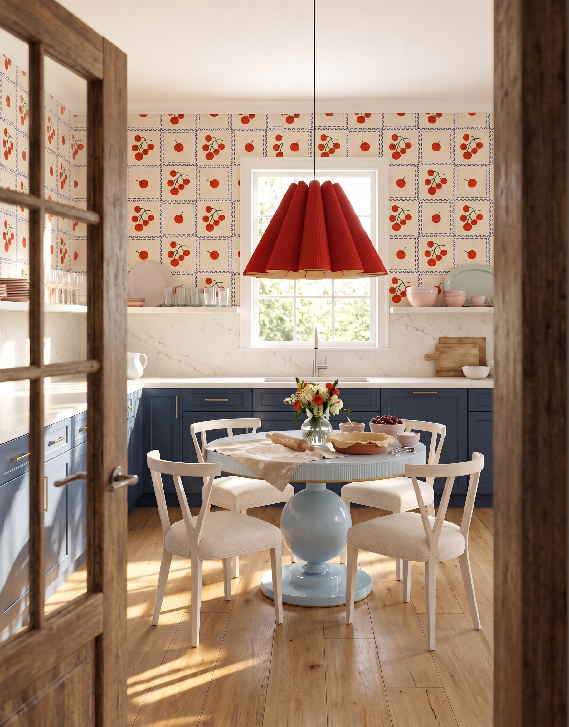 A red pleated pendant hangs over a pale-blue round table and white chairs, framed by navy cabinets, cherry-patterned wallpaper and an open wood door.