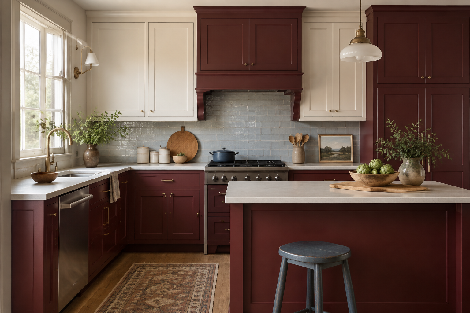 Burgundy kitchen with a small dusty-blue stool and a restrained blue-gray backsplash.