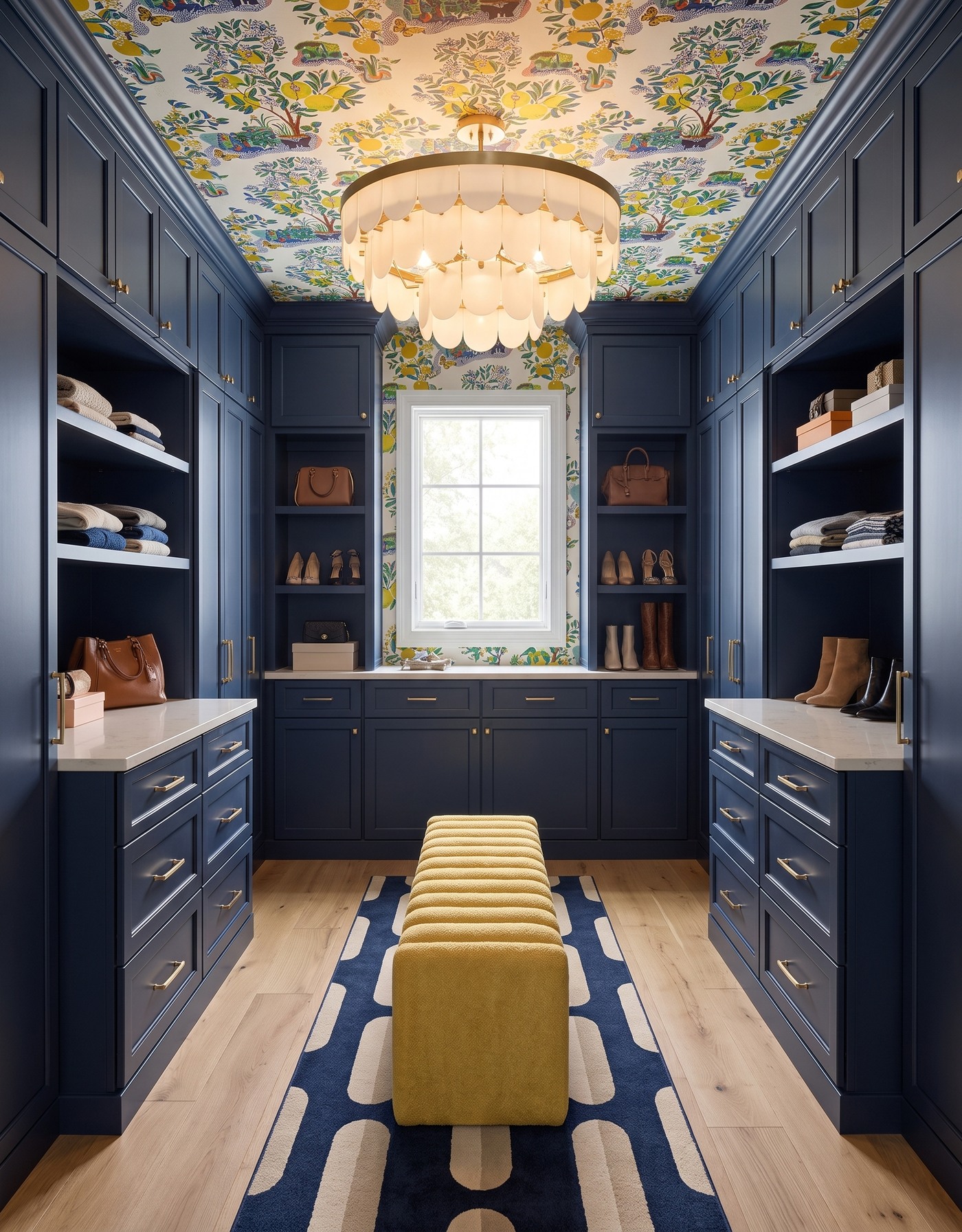 AI-created concept: Deep-blue closet cabinetry beneath a citrus-tree ceiling, with a mustard bench, blue patterned runner and ivory scalloped light.
