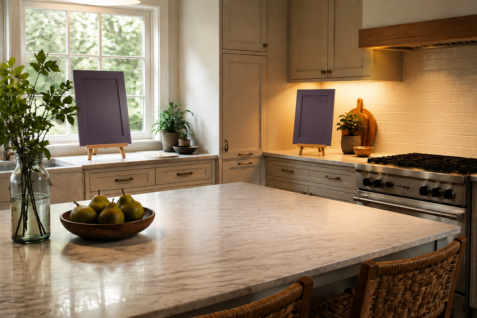 Two opaque purple cabinet-door samples on wooden easels, one beside a bright window and one on a counter under warm task lighting.