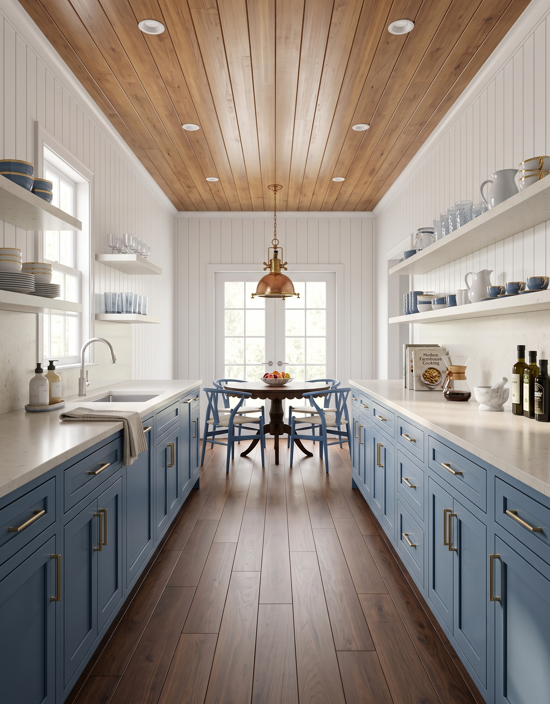 Powder-blue galley cabinets and matching dining chairs frame a dark round breakfast table beneath a copper pendant and a wood-plank ceiling.