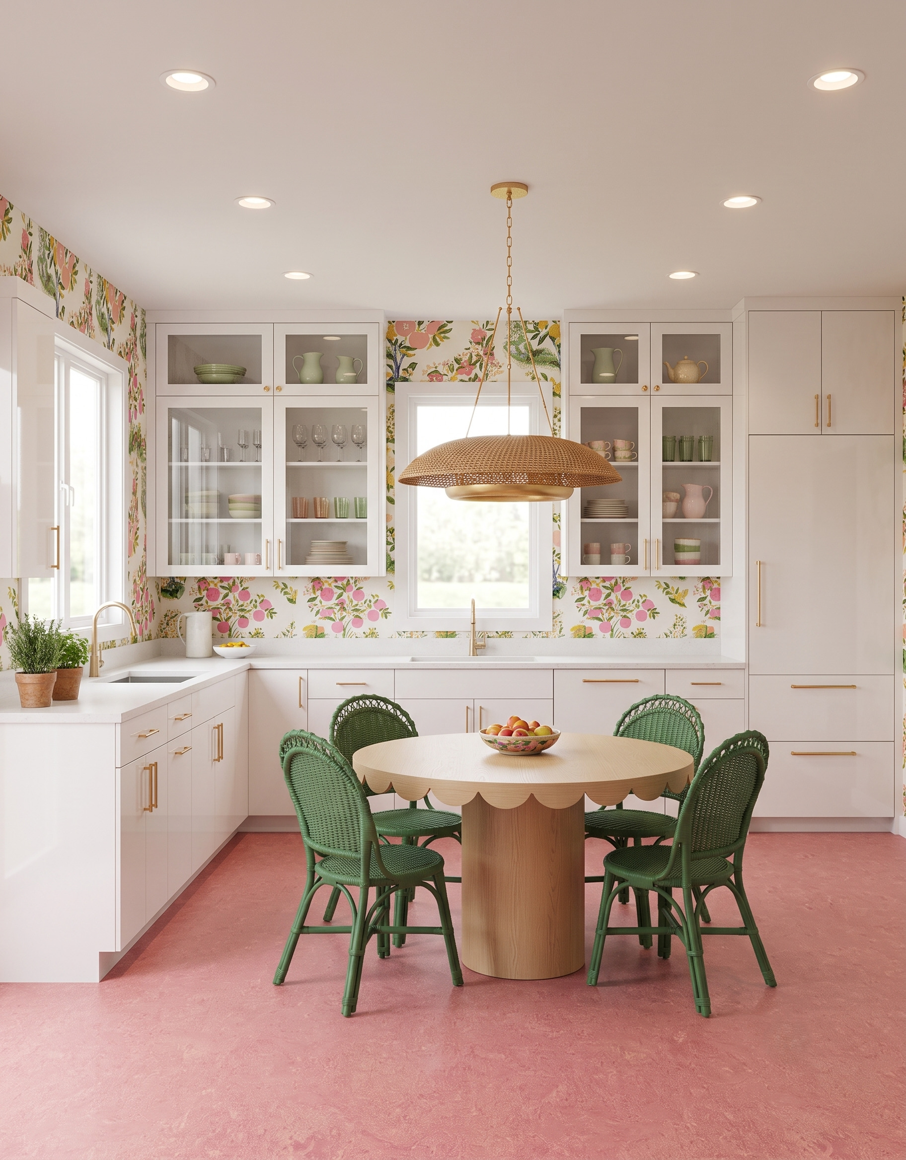Green woven dining chairs surround a scalloped wood pedestal table in a pale kitchen with fruit-patterned wallpaper, a woven pendant and a pink floor.