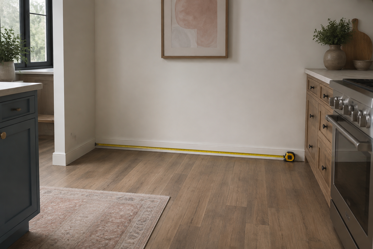 Tape measure stretched across an attainable kitchen wall to capture its overall length.
