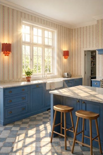 Bold blue kitchen cabinetry paired with energetic red accents.