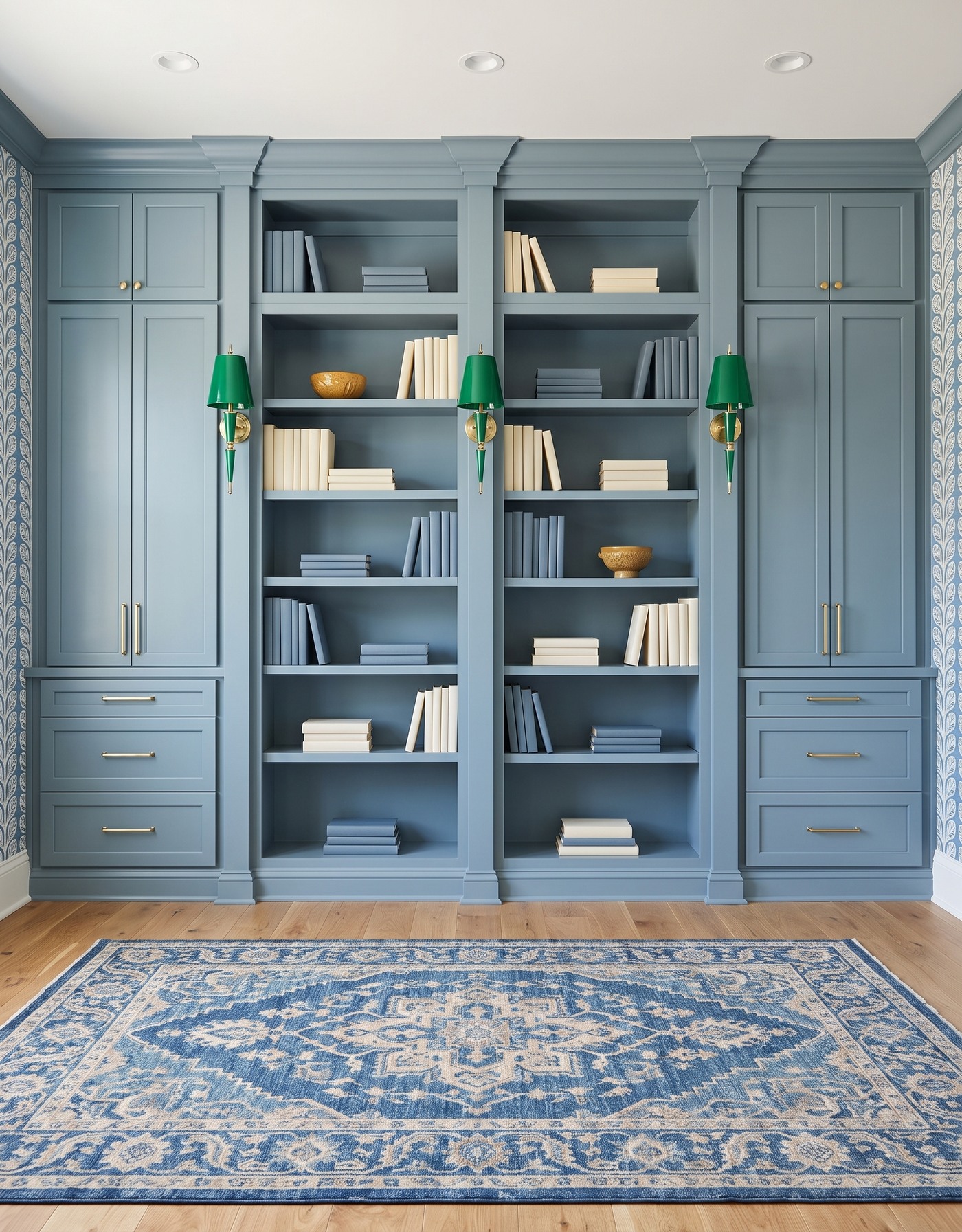 Library with dusty blue framed cabinets and solid shelf backs, blue-and-ivory leafy side-wall wallpaper, golden wood floor, blue-and-cream ornamental rug, green tapered sconces and blue-and-ivory books.