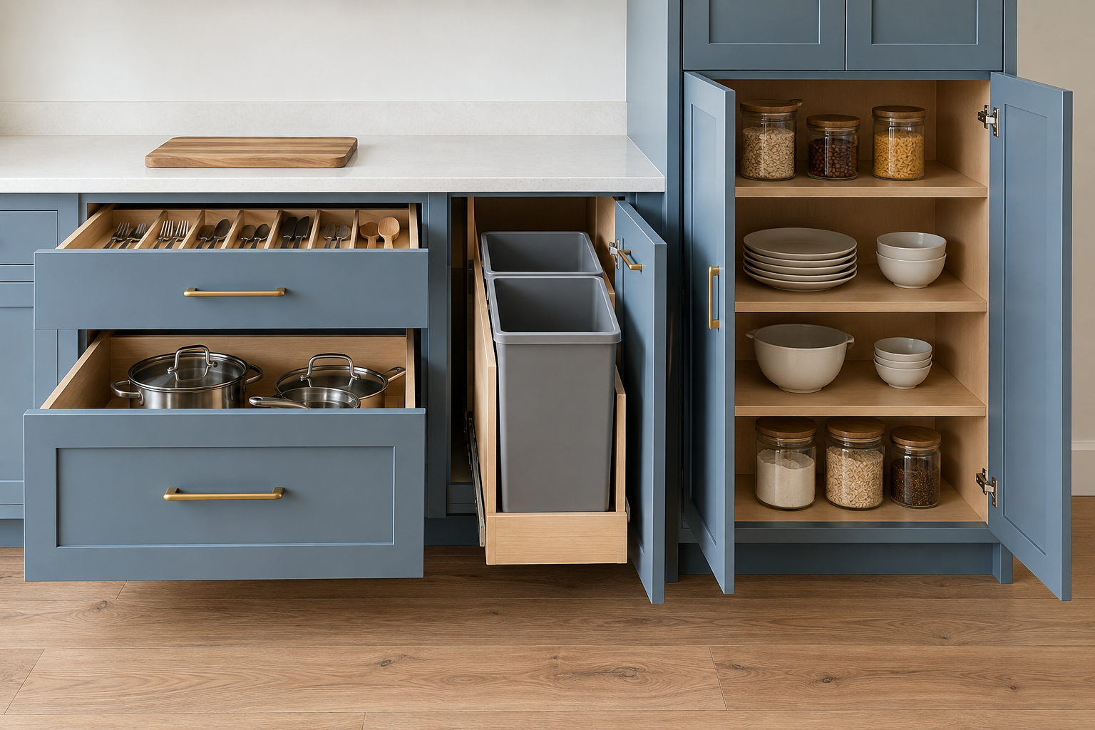 Generated kitchen concept: blue dry-storage cabinetry with cutlery and cookware drawers, bins on a rollout behind a hinged door, and pantry shelves.