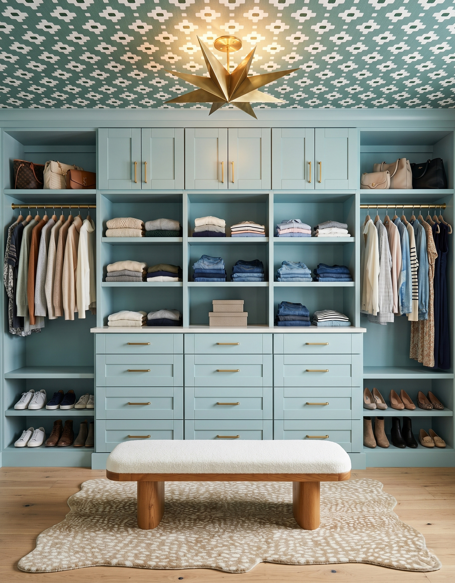 Soft-blue single-wall closet with a geometric blue ceiling, cream upholstered bench, gold star-shaped light and a spotted rug.