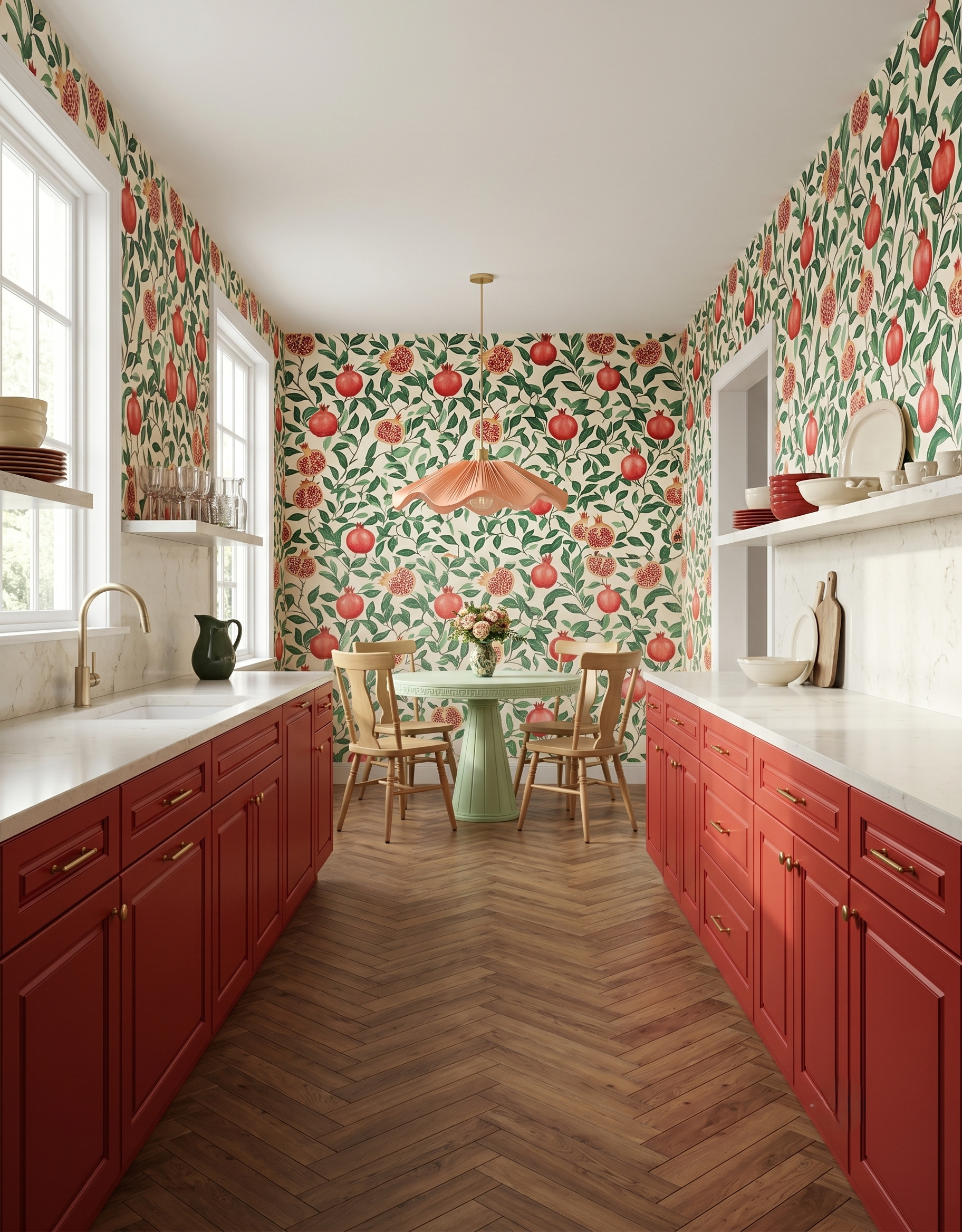 Anna design concept showing pink, red, contrasting materials, cabinetry and layered interior details.