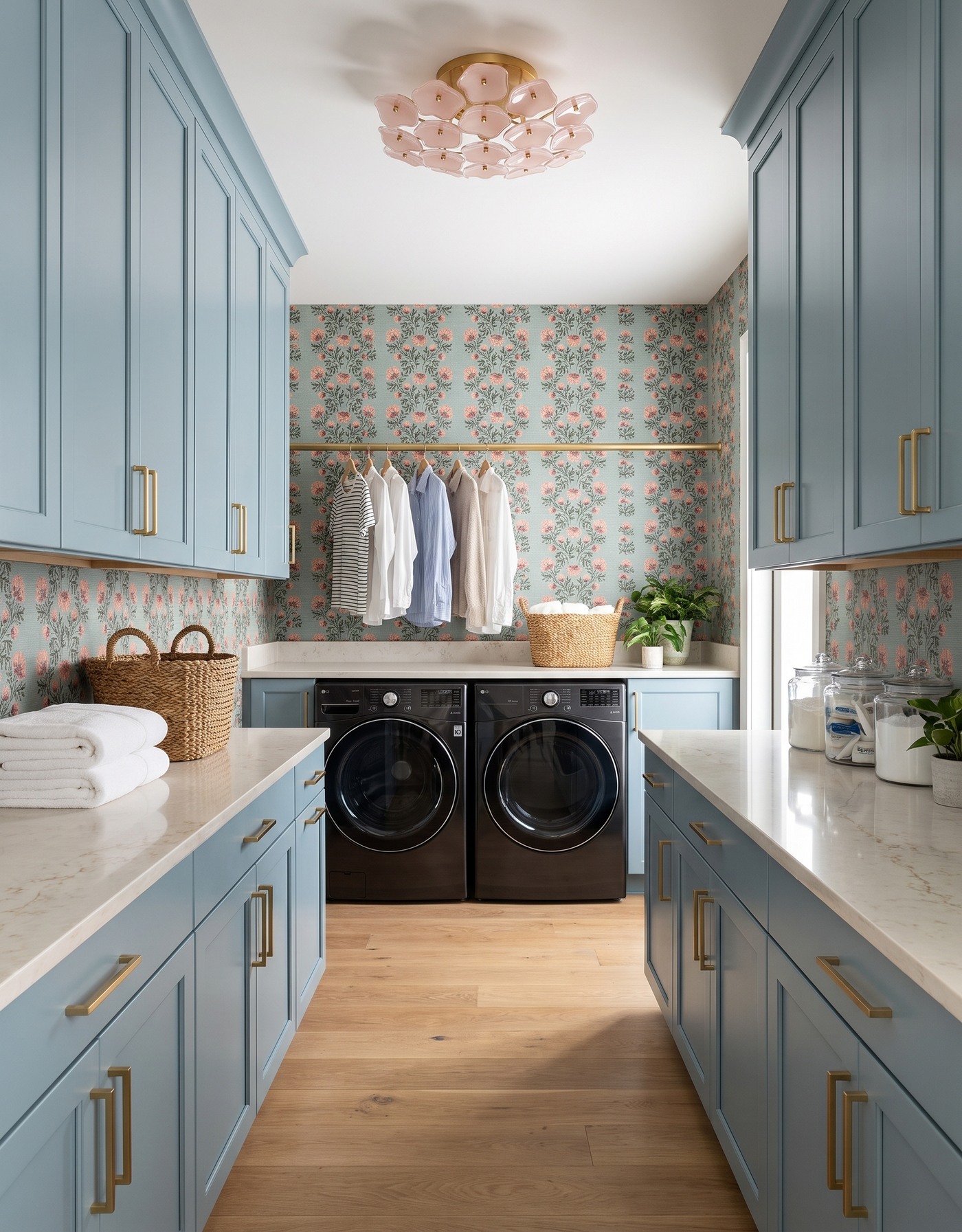 AI-created concept: Dusty aqua laundry cabinets with coral floral wallpaper, a pink flower-shaped light and black front-loading machines beneath a hanging rail.