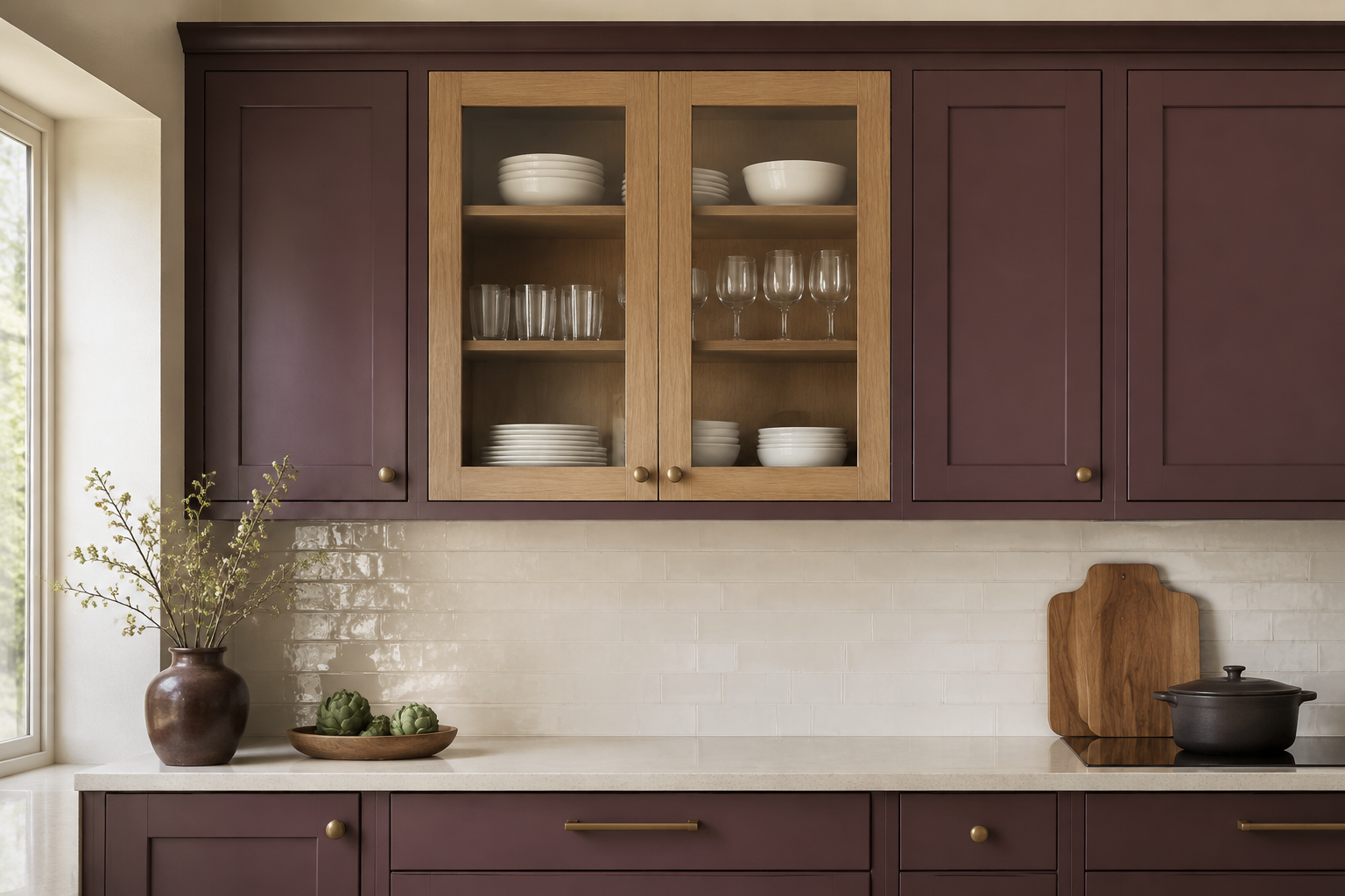 Complete clear-glass upper cabinet installed between solid plum cabinet doors, with practical stacks of dishes resting on shelves inside.