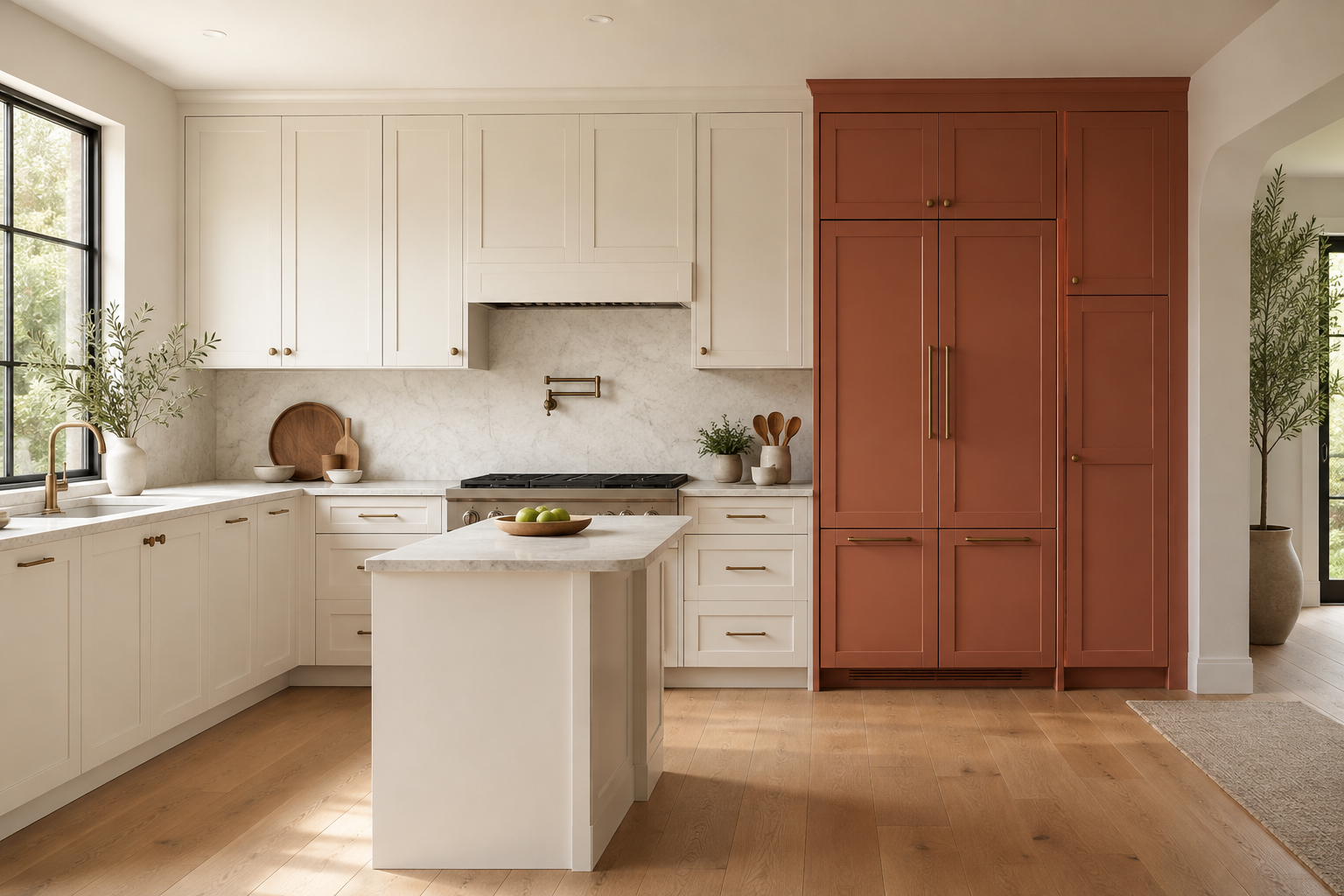 Earthy terracotta tall pantry and refrigerator bank beside an otherwise warm off-white kitchen.