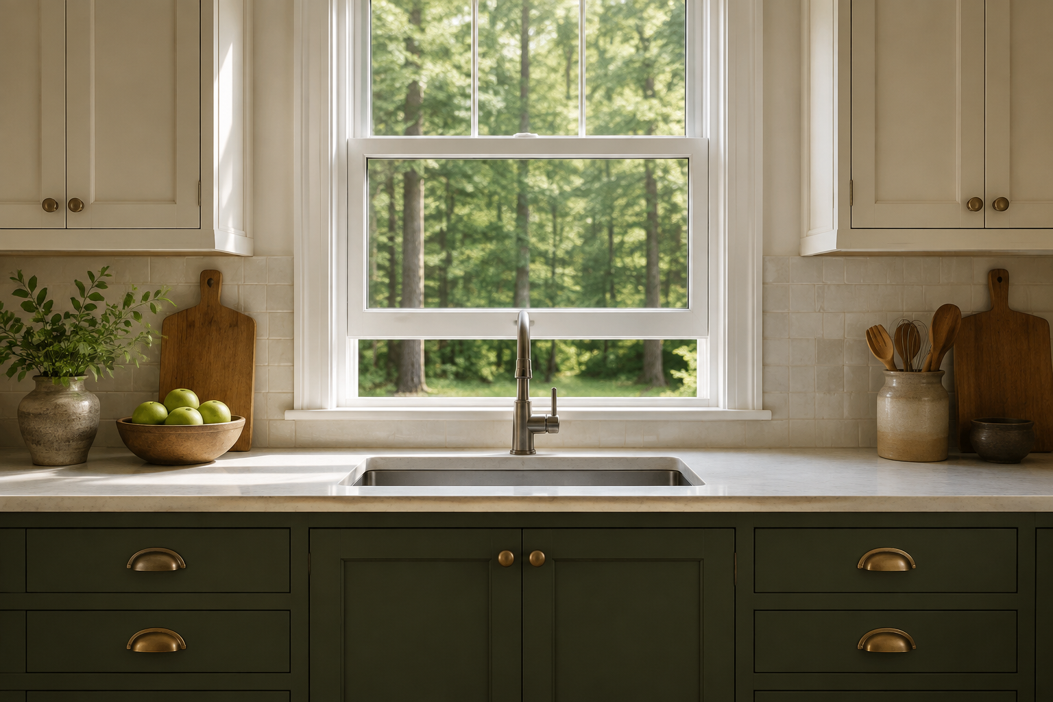 Double-hung kitchen window with its lower sash raised above an arched faucet and sink base, showing a clear operating path.