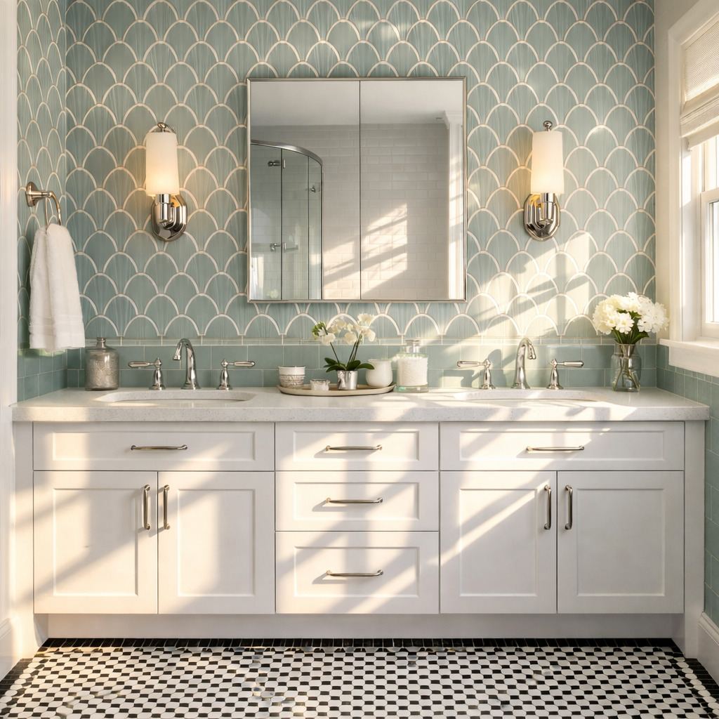 White double vanity beneath a pale green scallop-pattern wall, a shared rectangular mirror and silver-toned sconces, with a small black-and-white patterned floor.