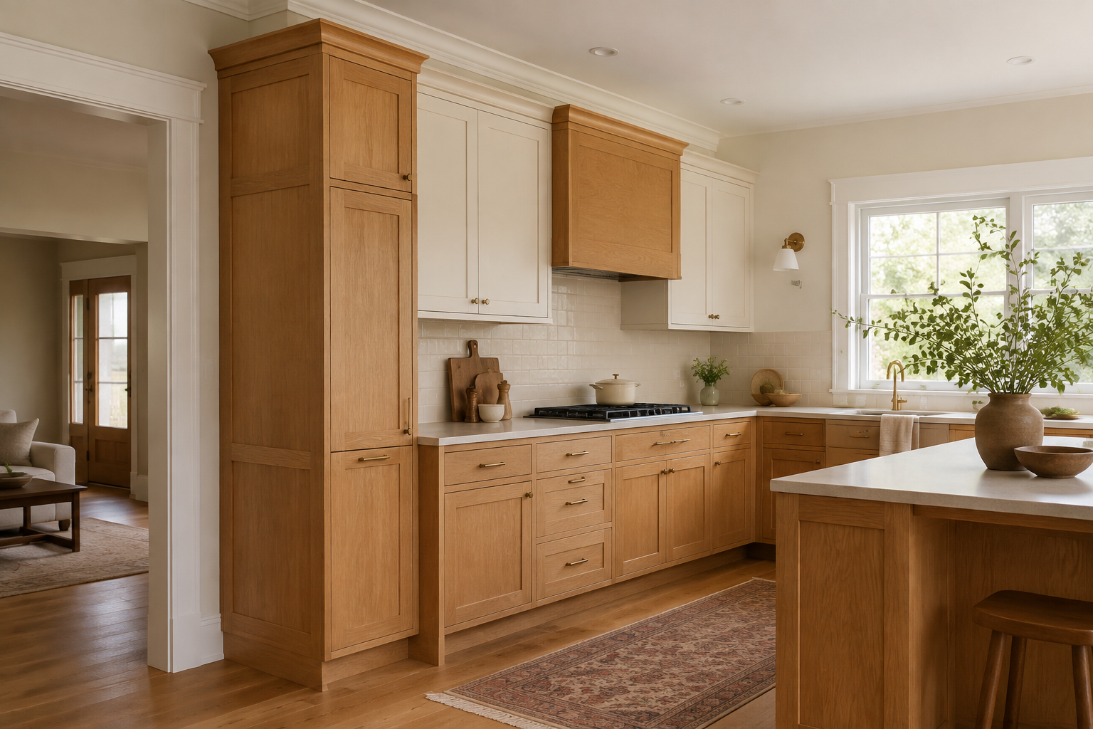Kitchen elevation highlighting cabinet meetings with walls, floor, ceiling, window trim, and an appliance opening without text labels.