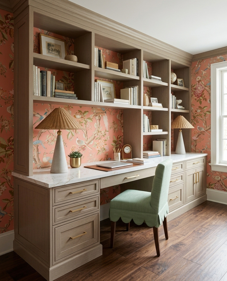 Wood built-in desk with pink bird-and-flower wallpaper, two woven-shade lamps, a pale green scalloped chair and a closed laptop.