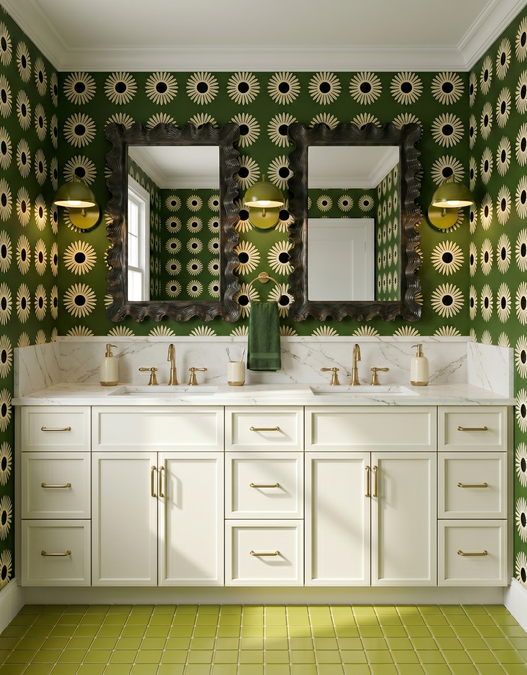 Cream double vanity with dark green daisy-pattern wallpaper, wavy dark mirror frames and olive square floor tiles.