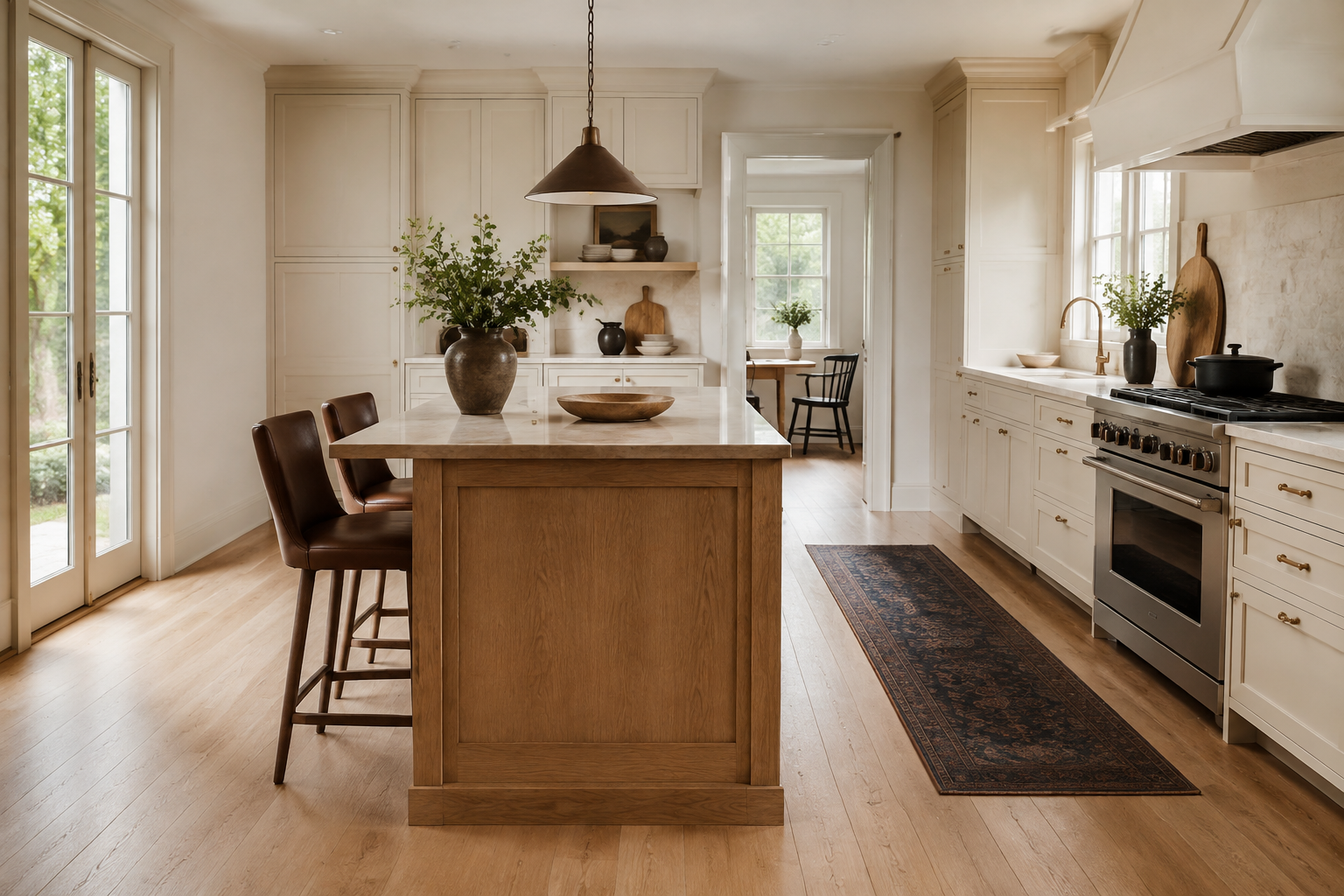 Kitchen island with seating on the social side and preparation, sink, and appliance activity separated on the working side.