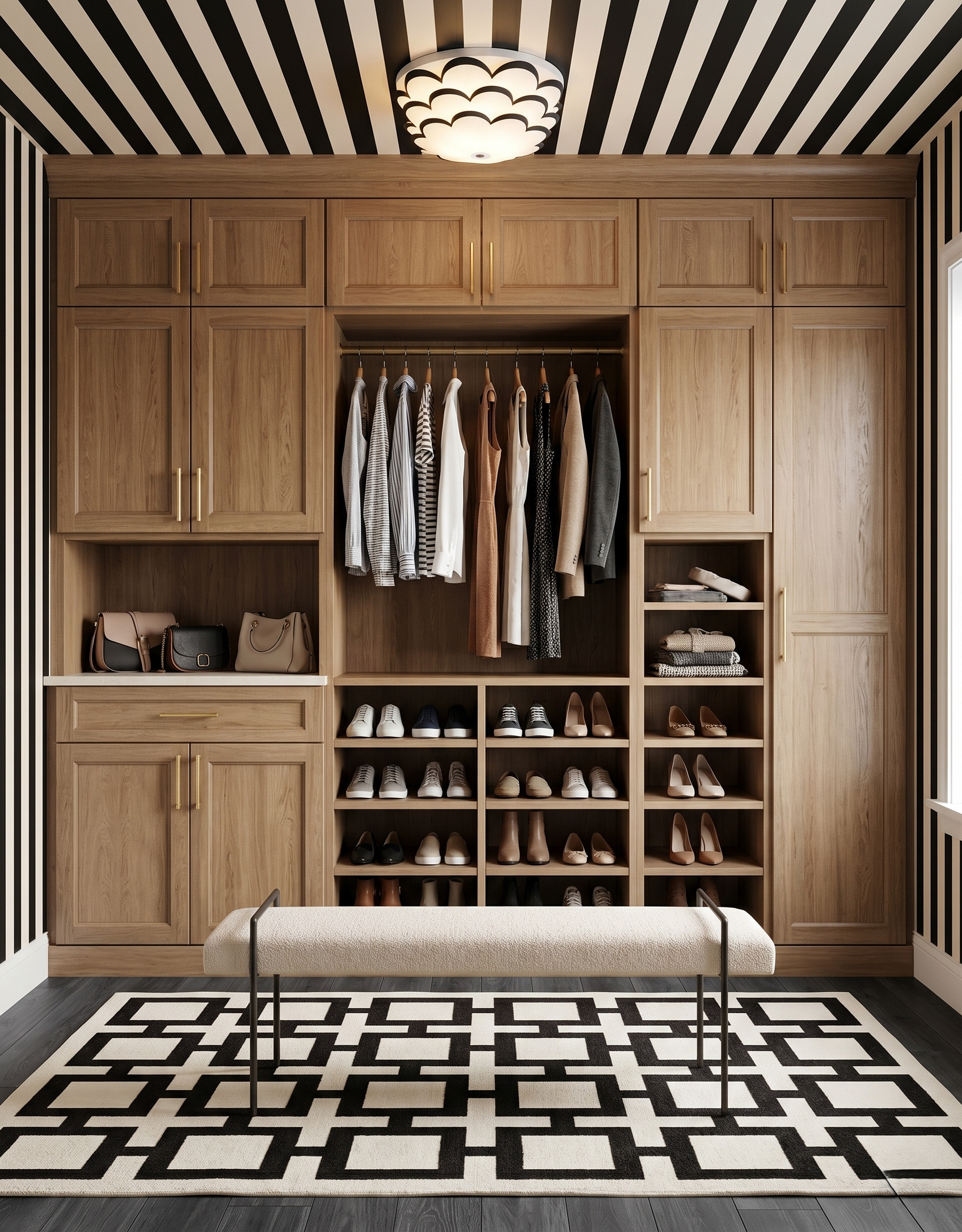 Natural-wood single-wall closet surrounded by black-and-cream stripes, with a pale bench and a black-and-cream geometric rug.