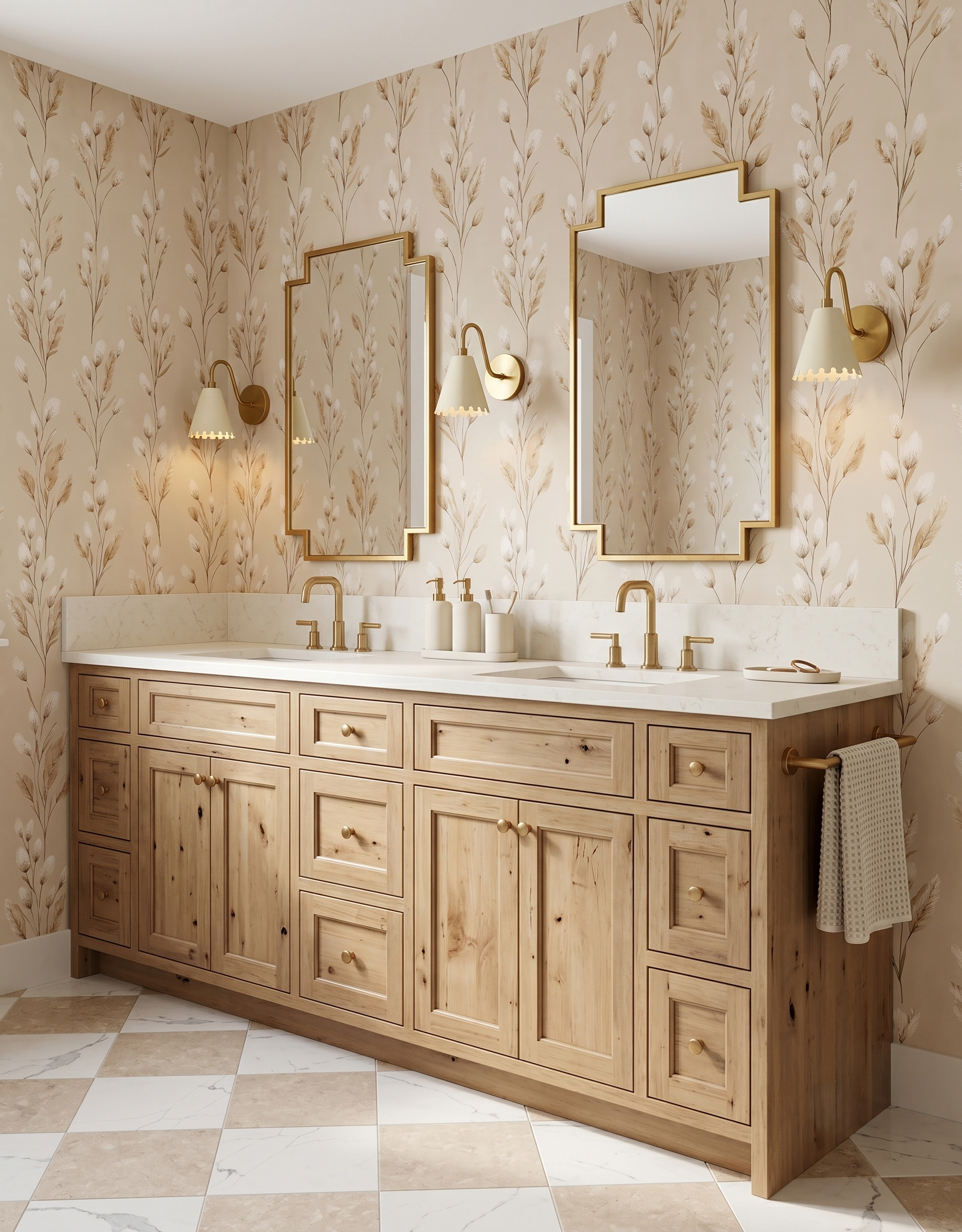 Light wood double vanity with beige botanical wallpaper, stepped gold mirrors, small shaped cream sconces and a pale checked floor.