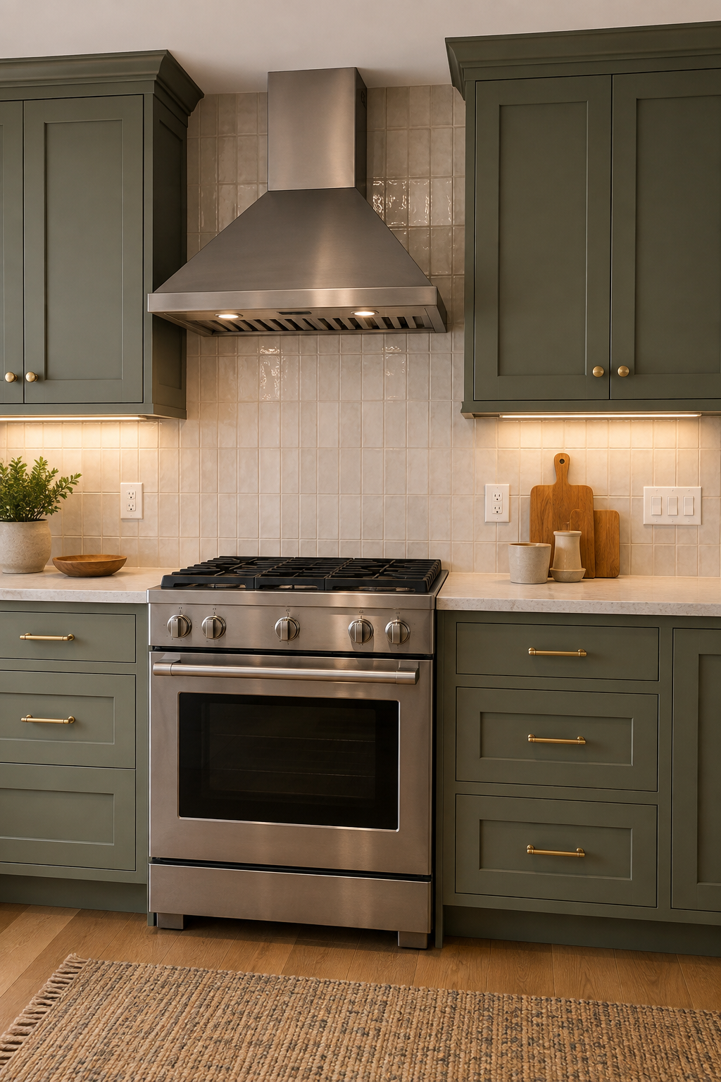 A green cooking wall with a vented range, backsplash outlets, a switch bank, and under-cabinet task lighting.