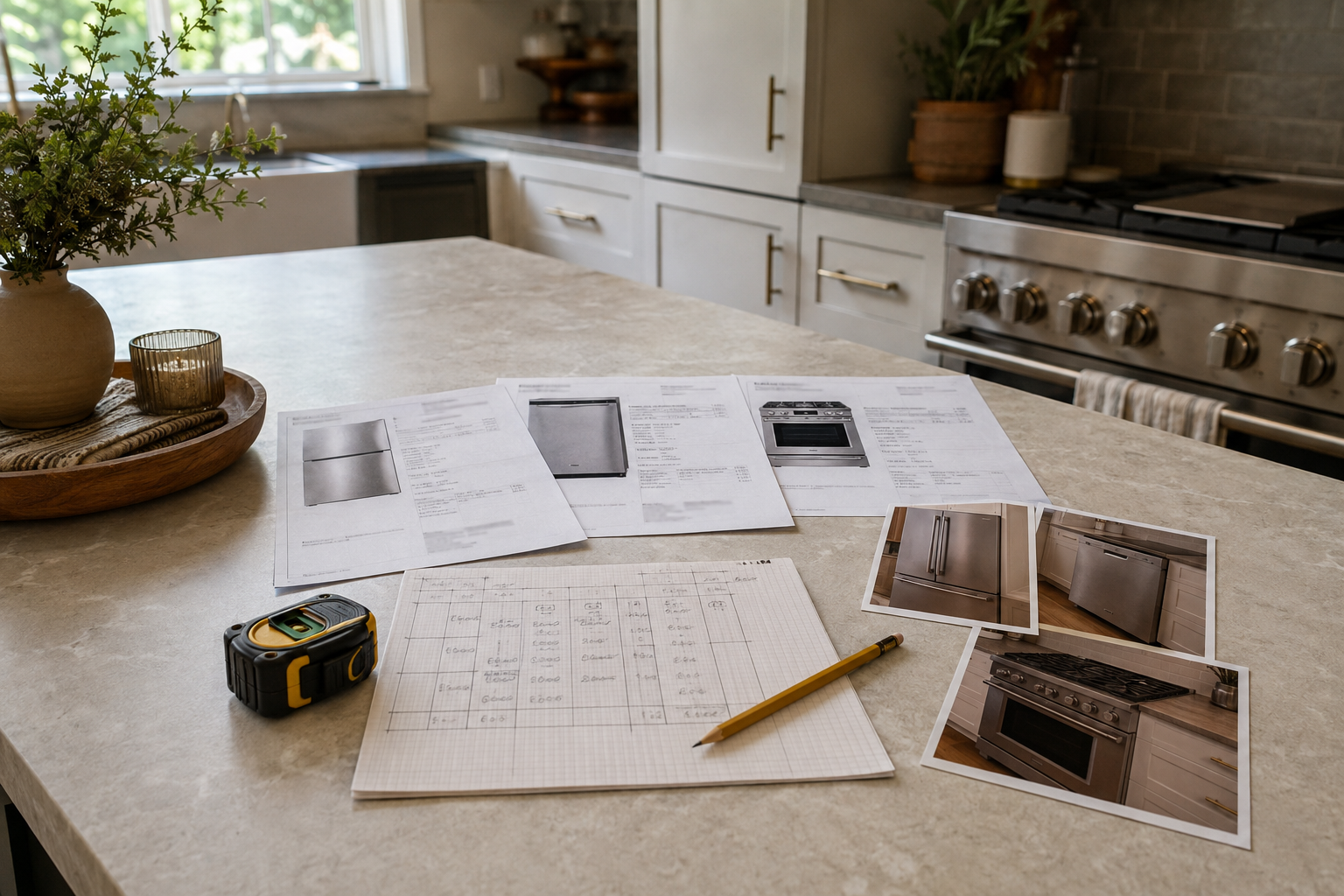 Generic appliance reference sheets, photos, sketch, tape measure, and pencil organized on a kitchen island.