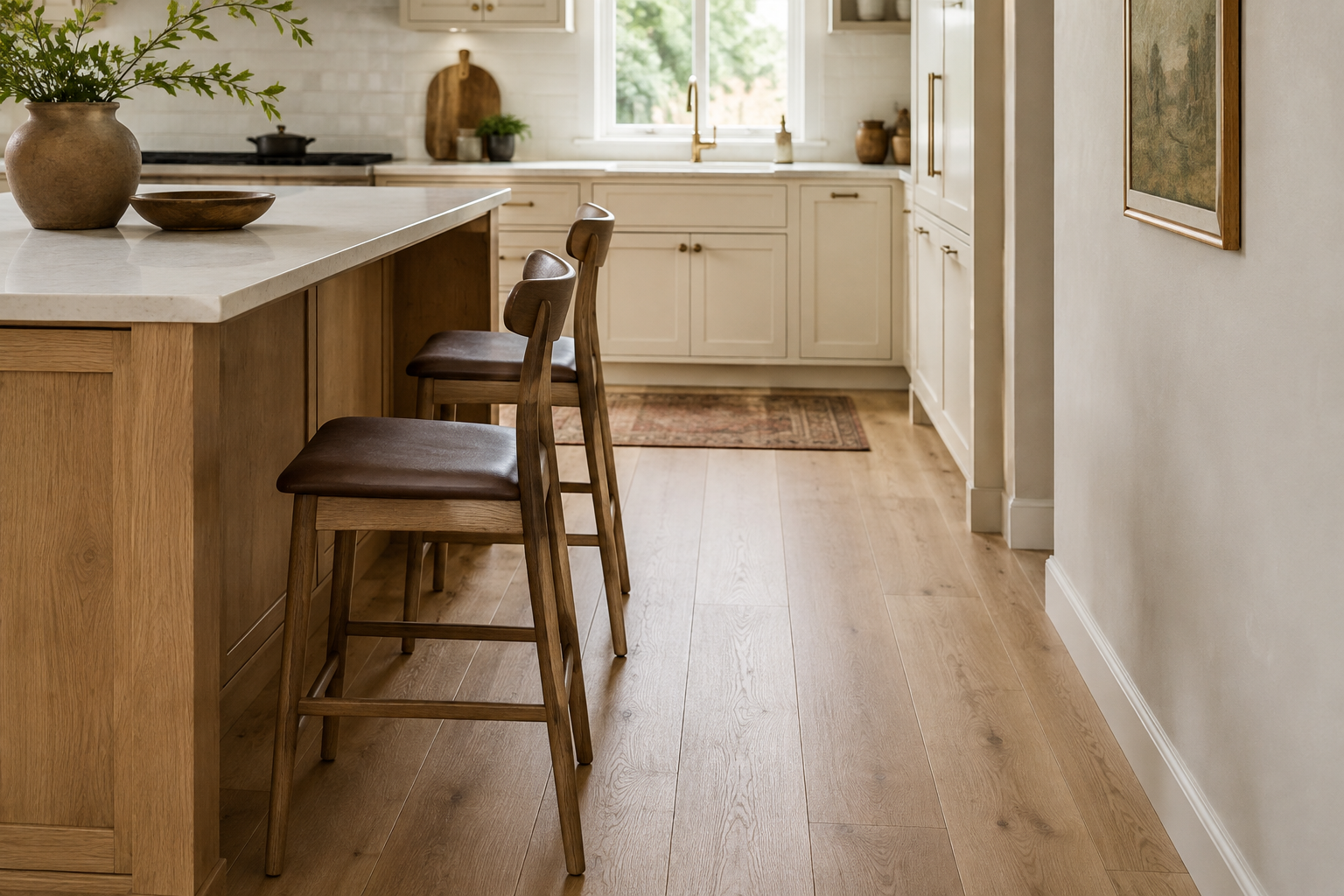 Kitchen stool pulled back from an island with open floor space for sitting down and standing up.