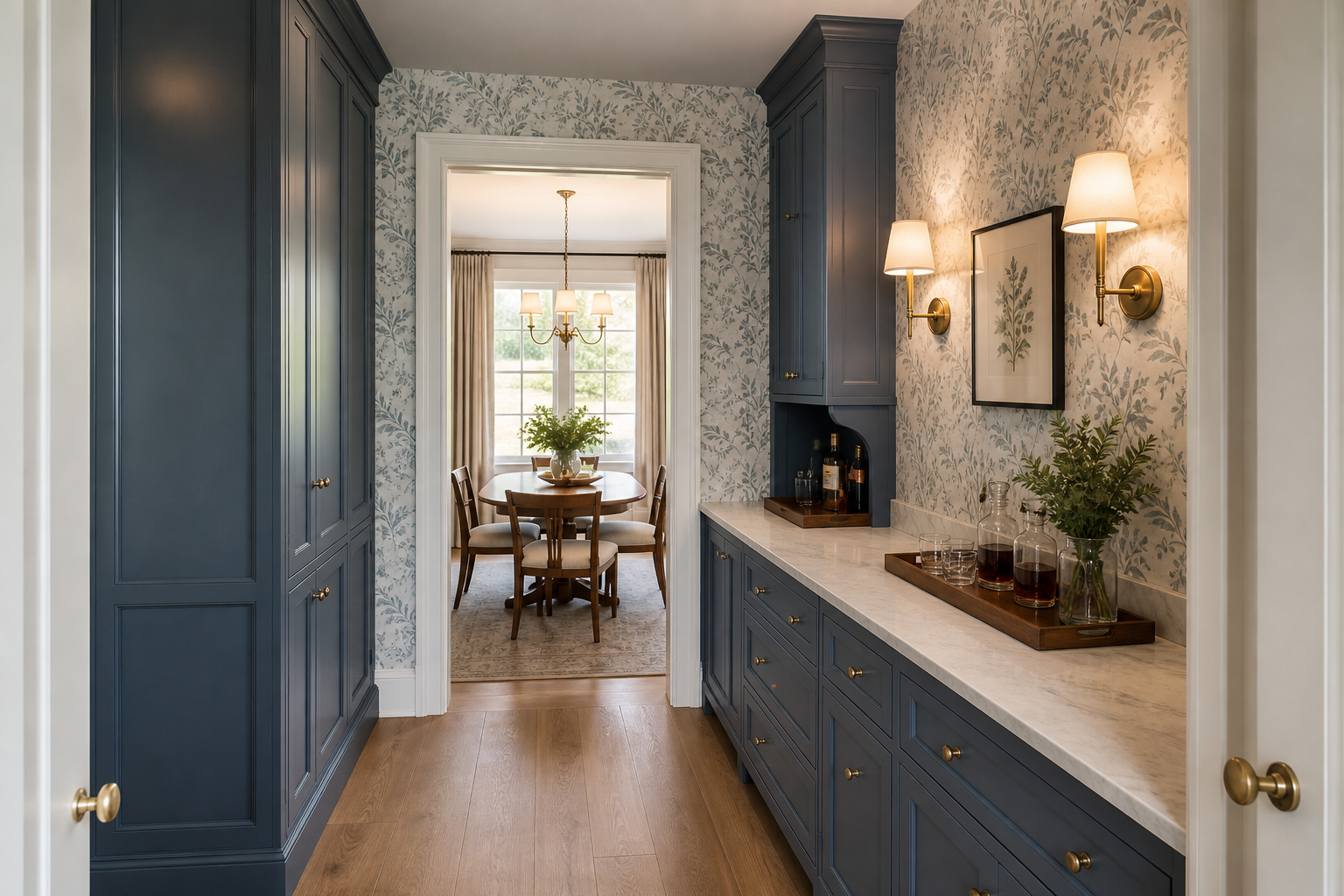 A complete navy butler's pantry connects the kitchen and dining room with clear walking space and supported counters.