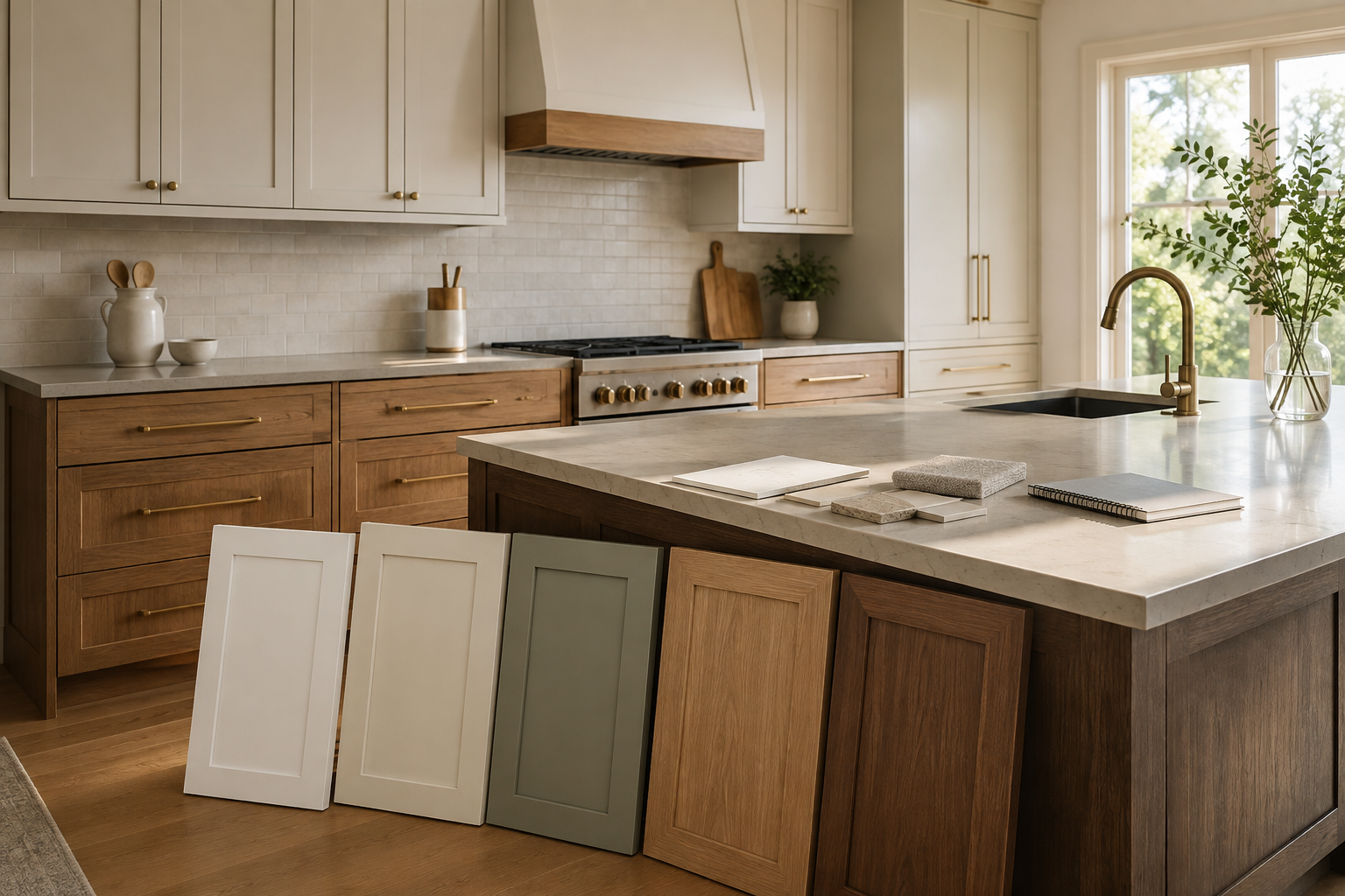 Large painted and wood cabinet samples compared beside a finished kitchen in natural room light.