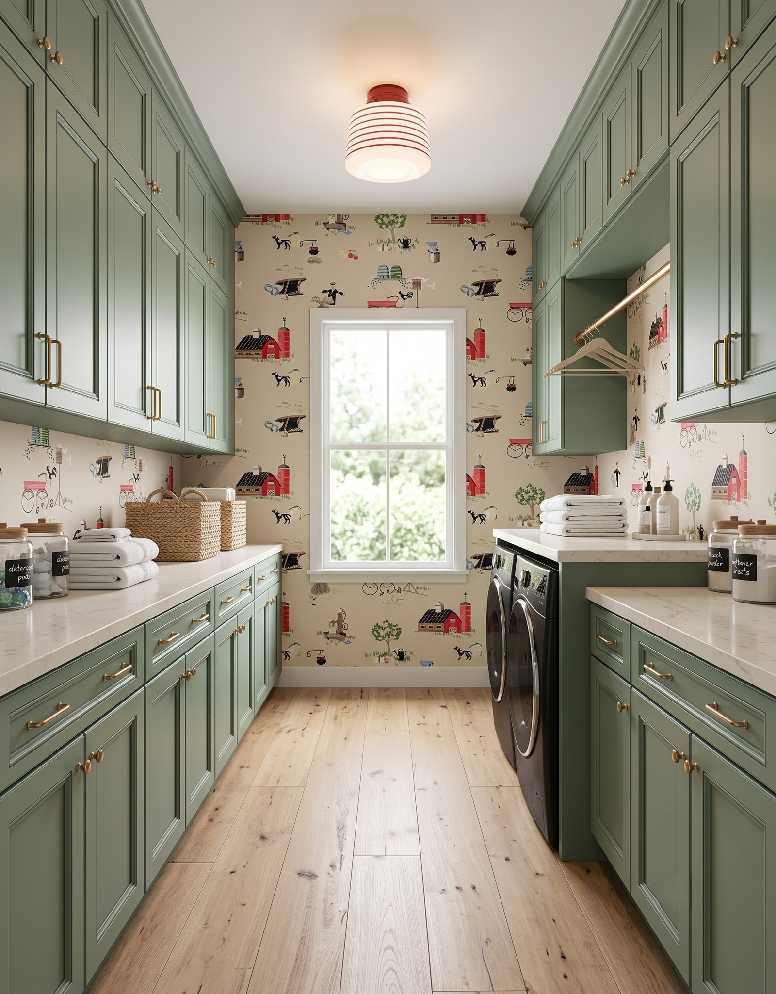 A sage-green galley laundry room with counters and closed cabinets on both sides, a front-load pair, a wall-mounted hanging rod, and a clear aisle.