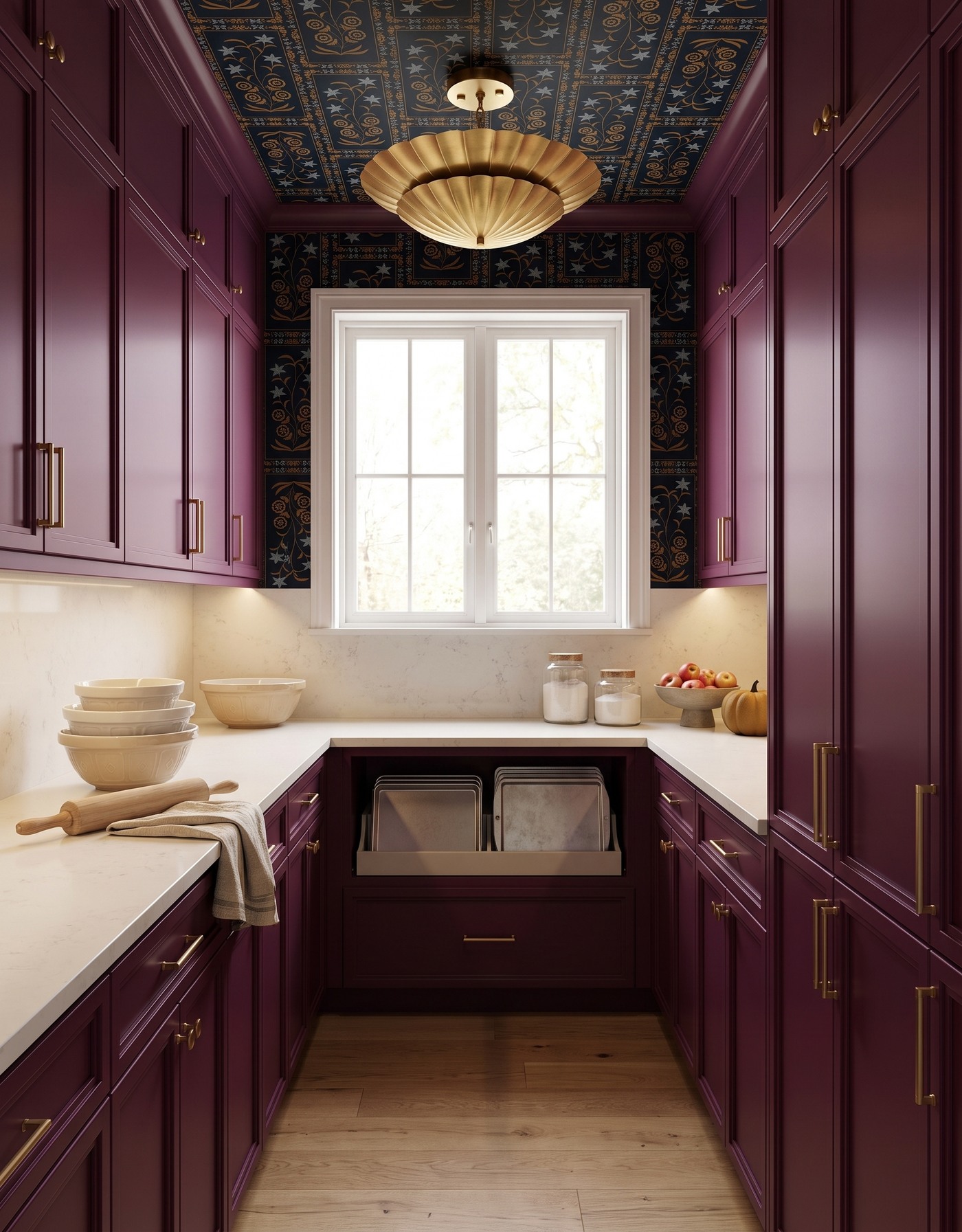 AI-created concept: Berry pantry with dark botanical ceiling, cream bowls and baking sheets stored upright beneath the counter.