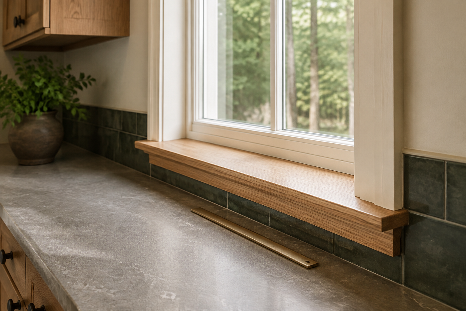 Close view of real window casing, projecting sill, backsplash, and countertop layers on a finished sink wall.