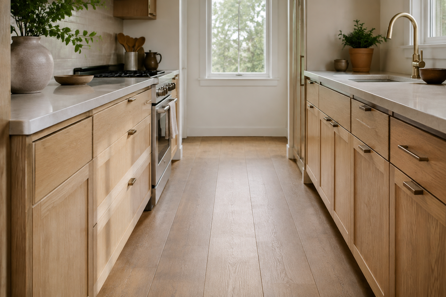 Galley kitchen with low-profile pulls and a clear walking path between opposing cabinet runs.