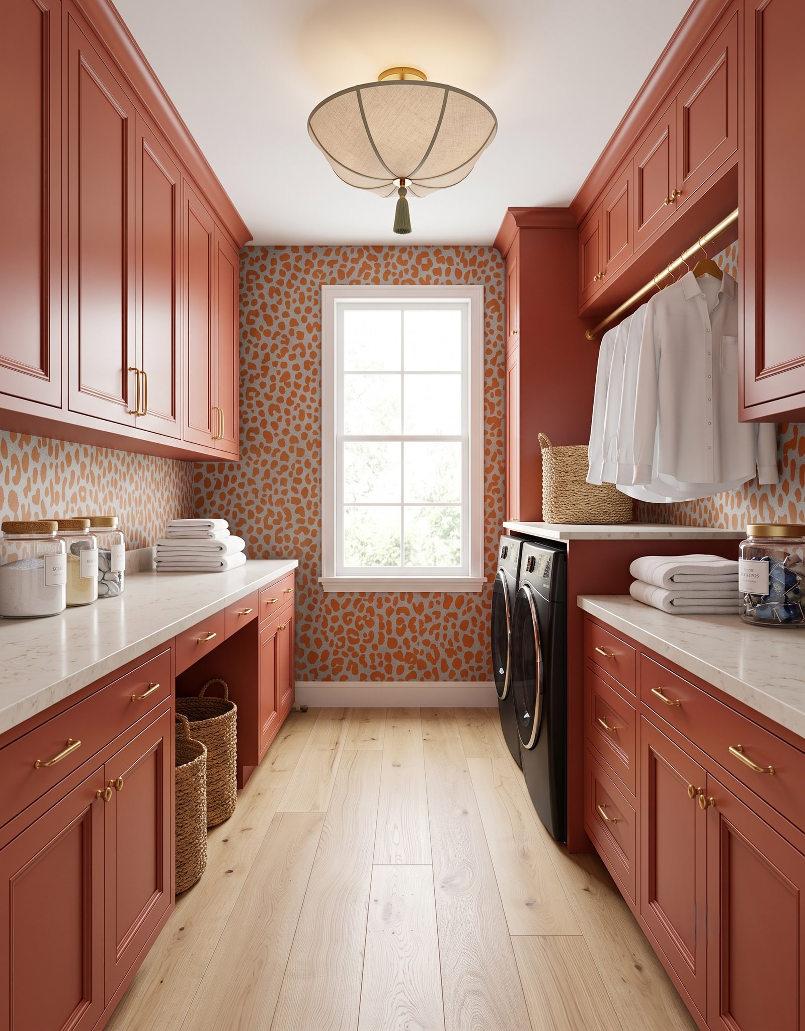 A burnt-orange galley laundry room with a front-load pair, counters and cabinets on both sides, a hanging rod, and a clear route toward the window.