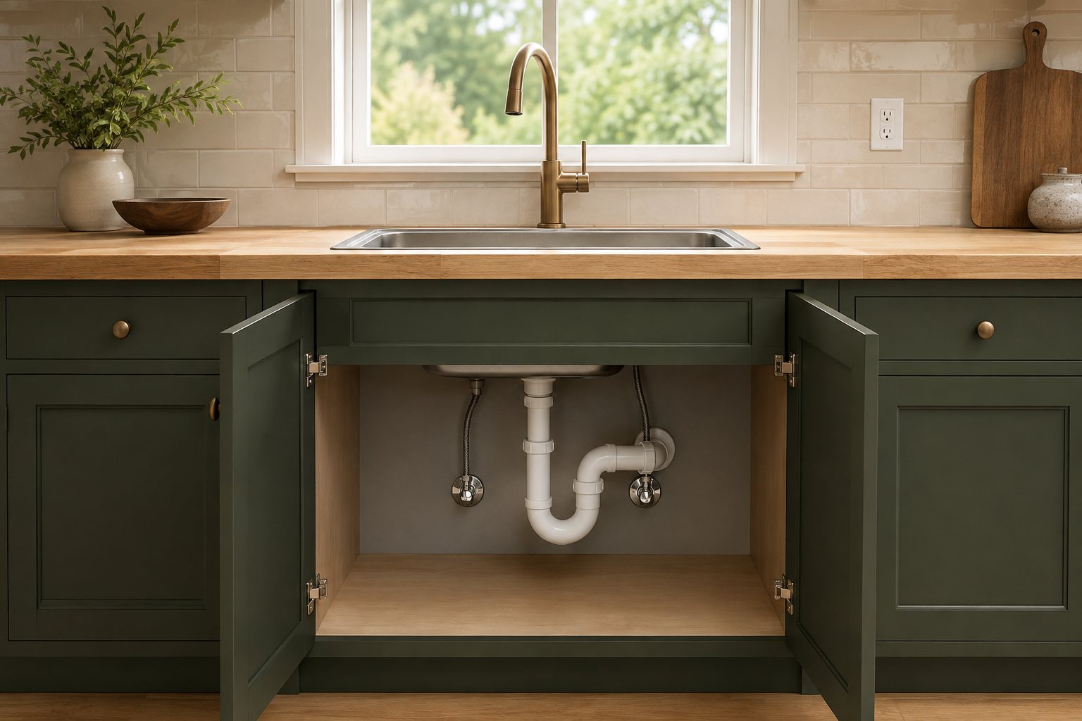 Finished sink wall with an outlet beside the window and an open sink base showing a real white P-trap, water shutoffs, and supply lines.