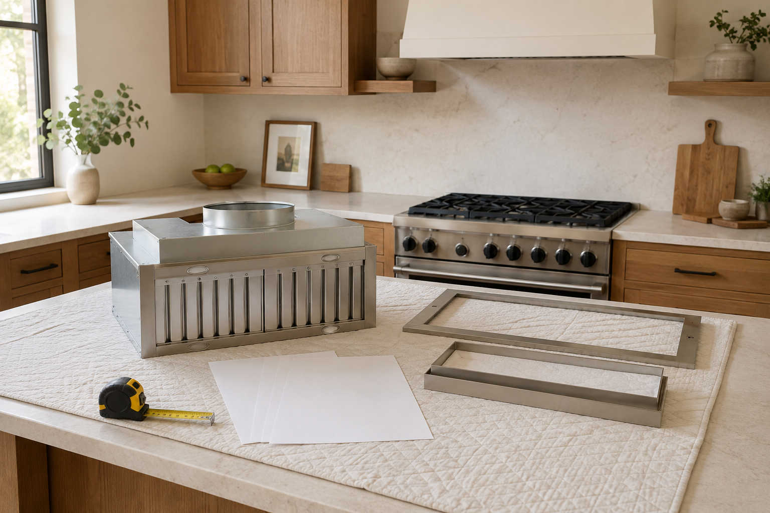 Unbranded hood insert and trim components beside blank planning sheets with the intended cooking wall behind.