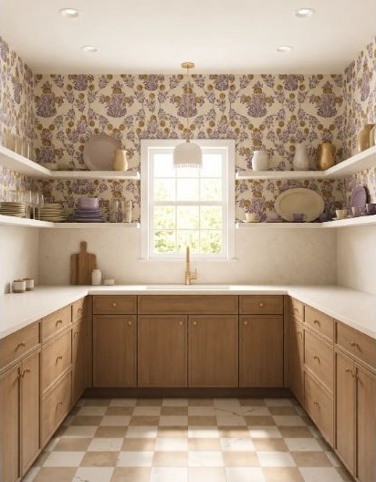 A light-wood and beige kitchen with cabinet runs meeting at a corner.