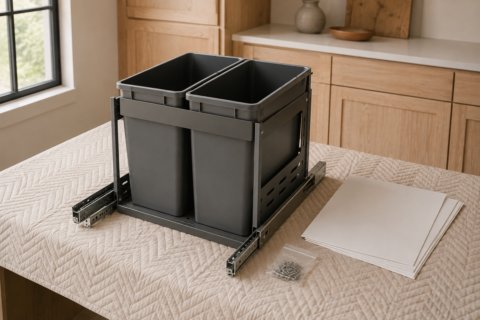 Uninstalled two-bin pullout frame and matching containers displayed beside blank cabinet-planning sheets.