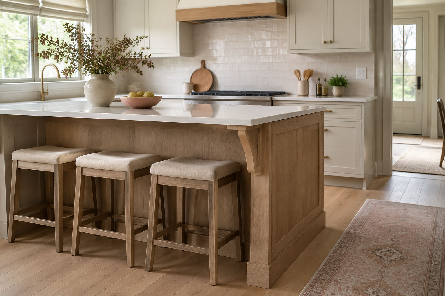 Three stools tucked beneath a supported island overhang with believable knee room.