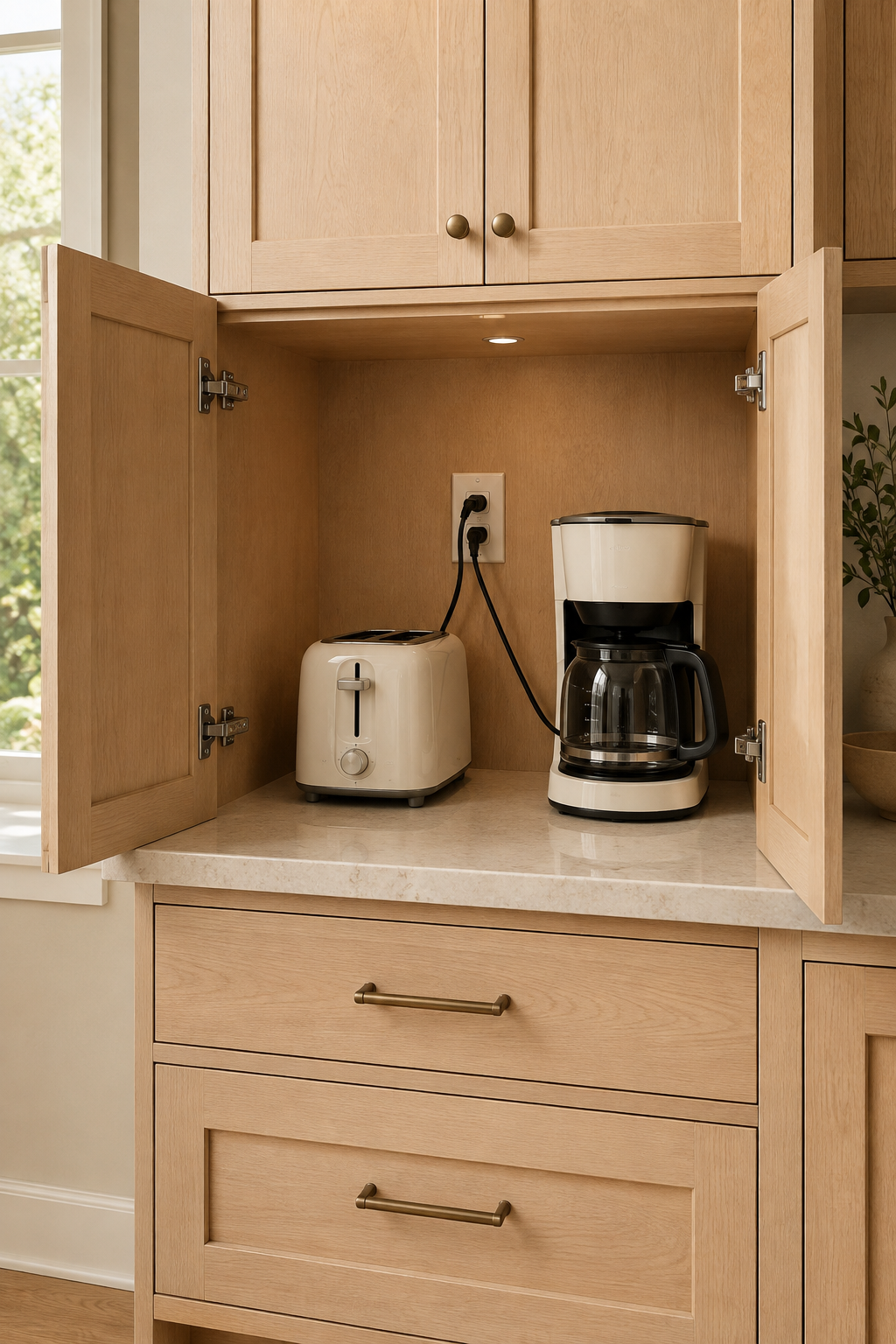 Open wood appliance garage with a toaster and coffee maker connected by short visible cords to one rear duplex outlet.