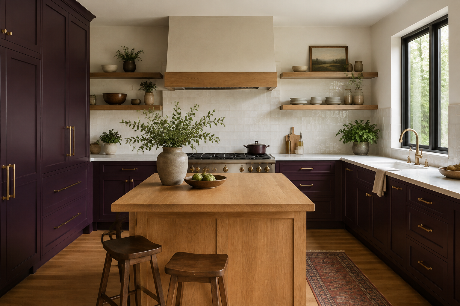 Aubergine kitchen cabinets balanced by a broad natural oak island and oak shelves.