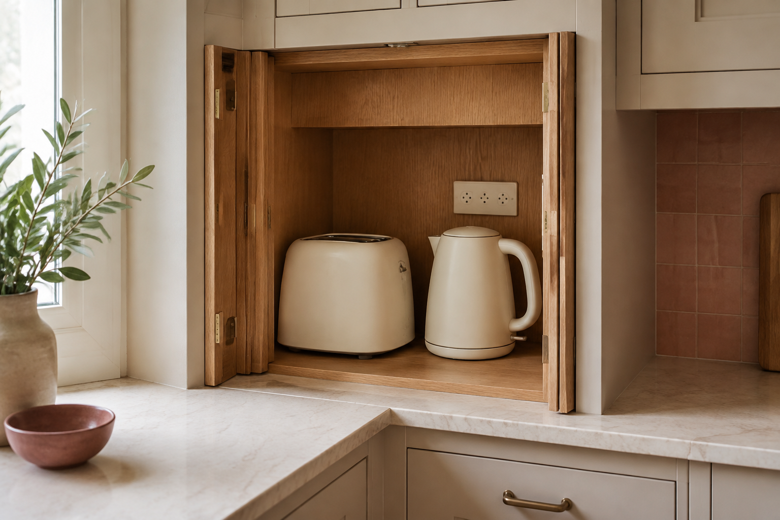 Open wood appliance garage in a counter corner holding a plain cream toaster and kettle beside an outlet.