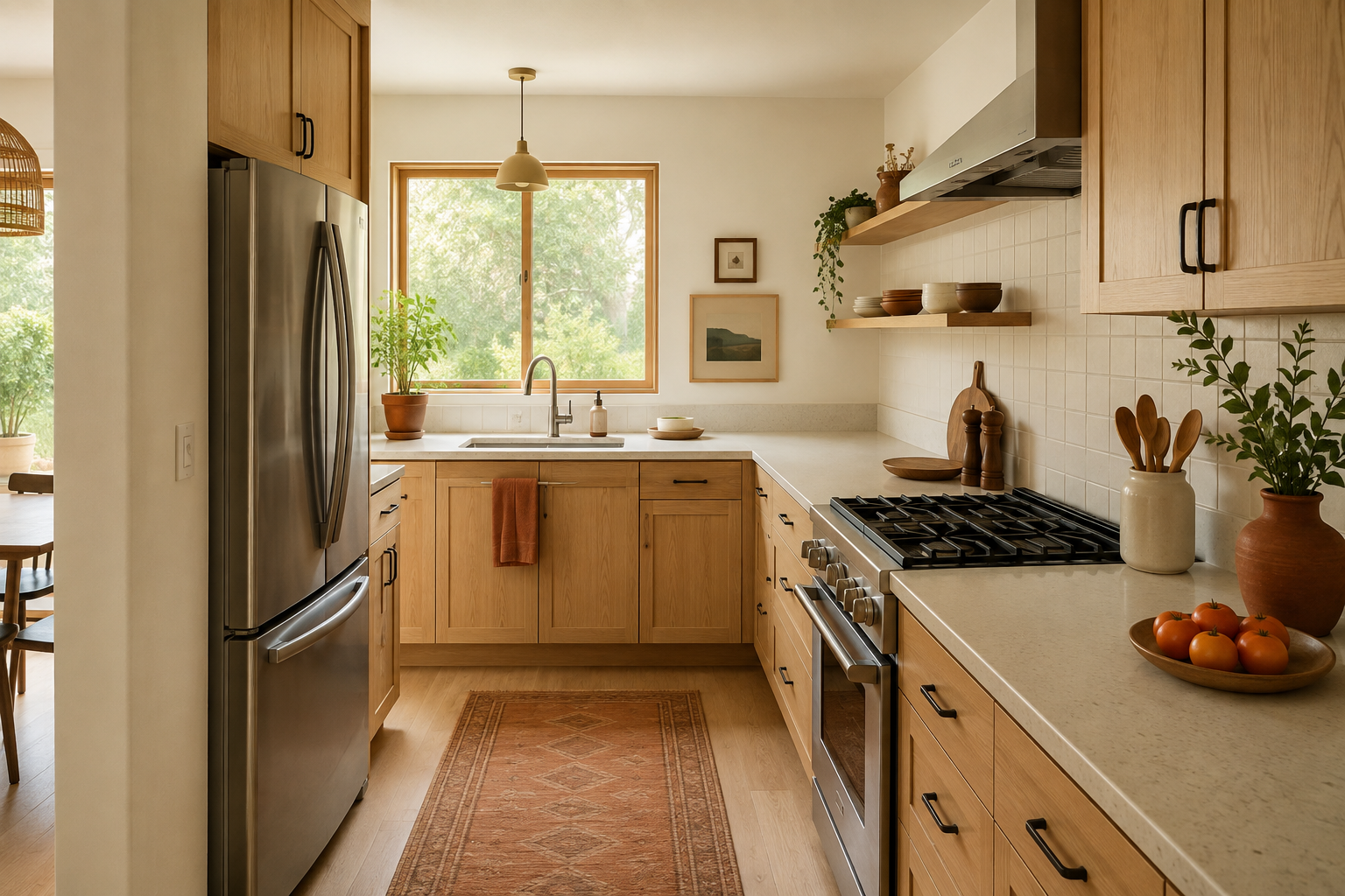 Concept image of a warm oak kitchen with the refrigerator, sink, preparation counter, and range arranged in a compact work path.