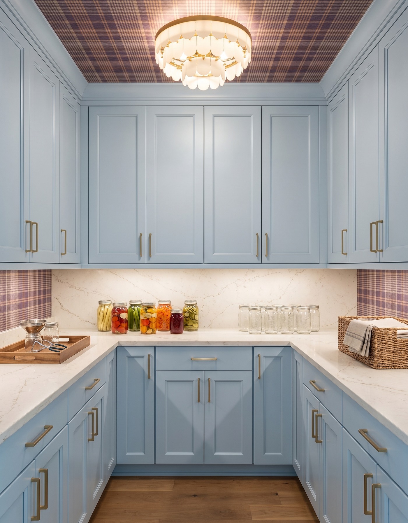 AI-created concept: Smoky-blue pantry cabinetry with a plum plaid ceiling, pale counters, preserving jars and an ivory scalloped light.