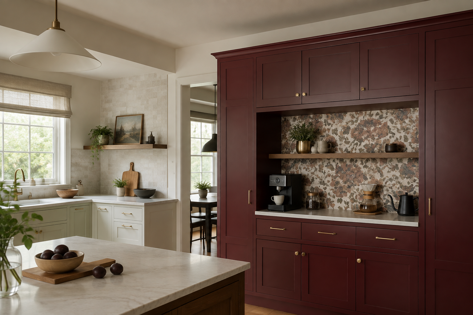 Burgundy coffee-station cabinetry framing a floral backsplash while the main kitchen stays neutral.