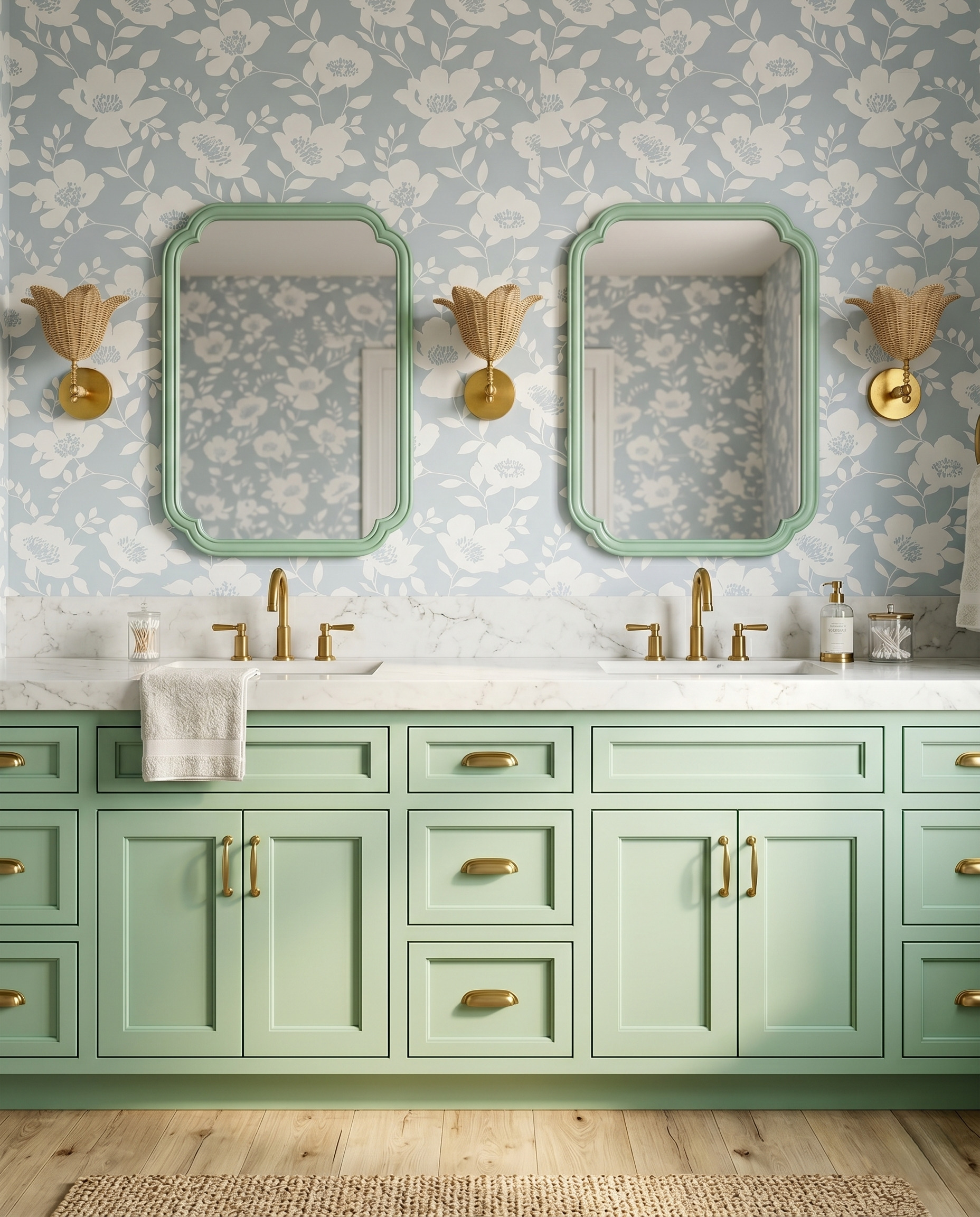 Soft-green rectangular mirrors with rounded corners and woven flower-shaped sconces above a green vanity and blue floral wallpaper.