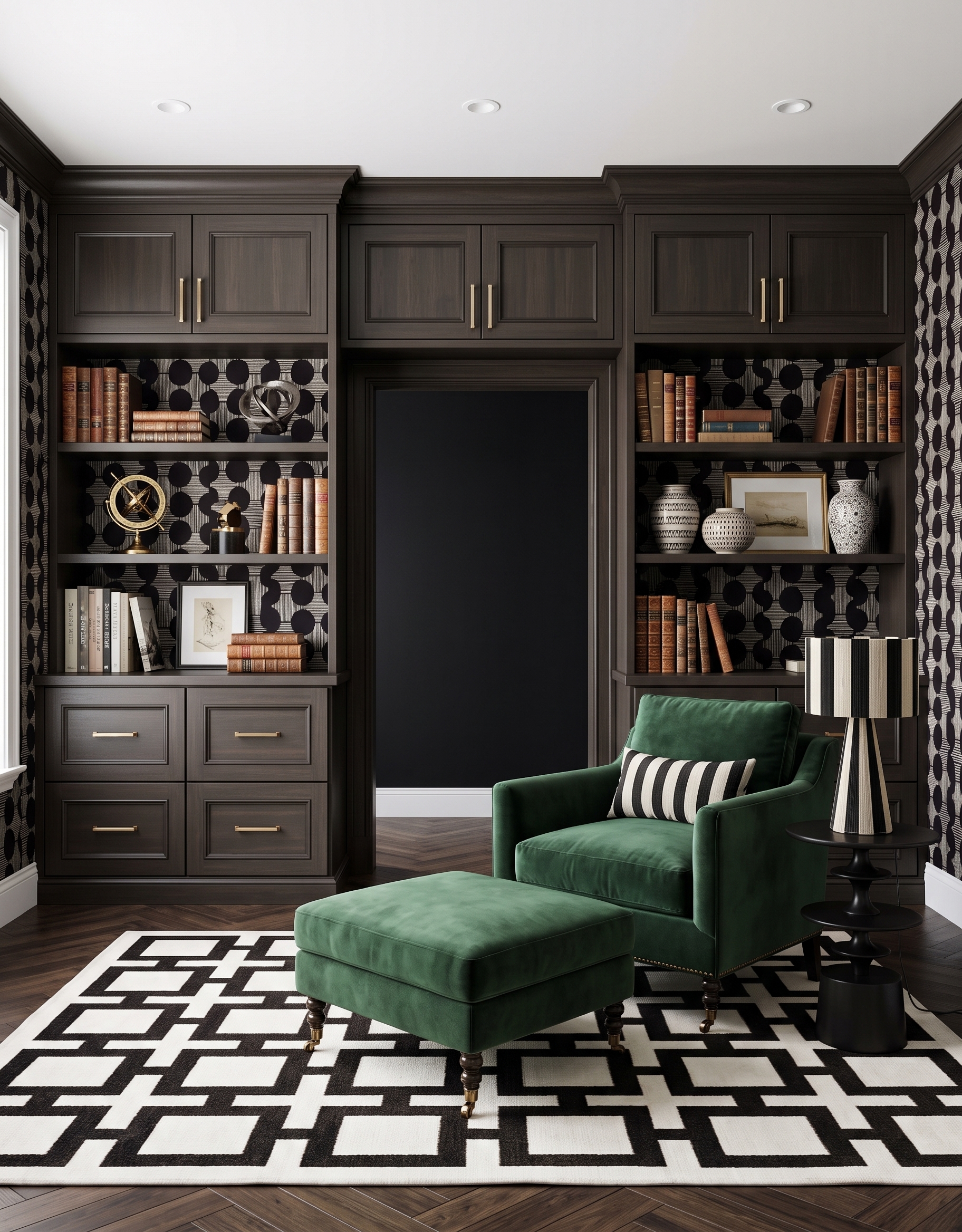 Anna design concept showing black, green, white, contrasting materials, cabinetry and layered interior details.